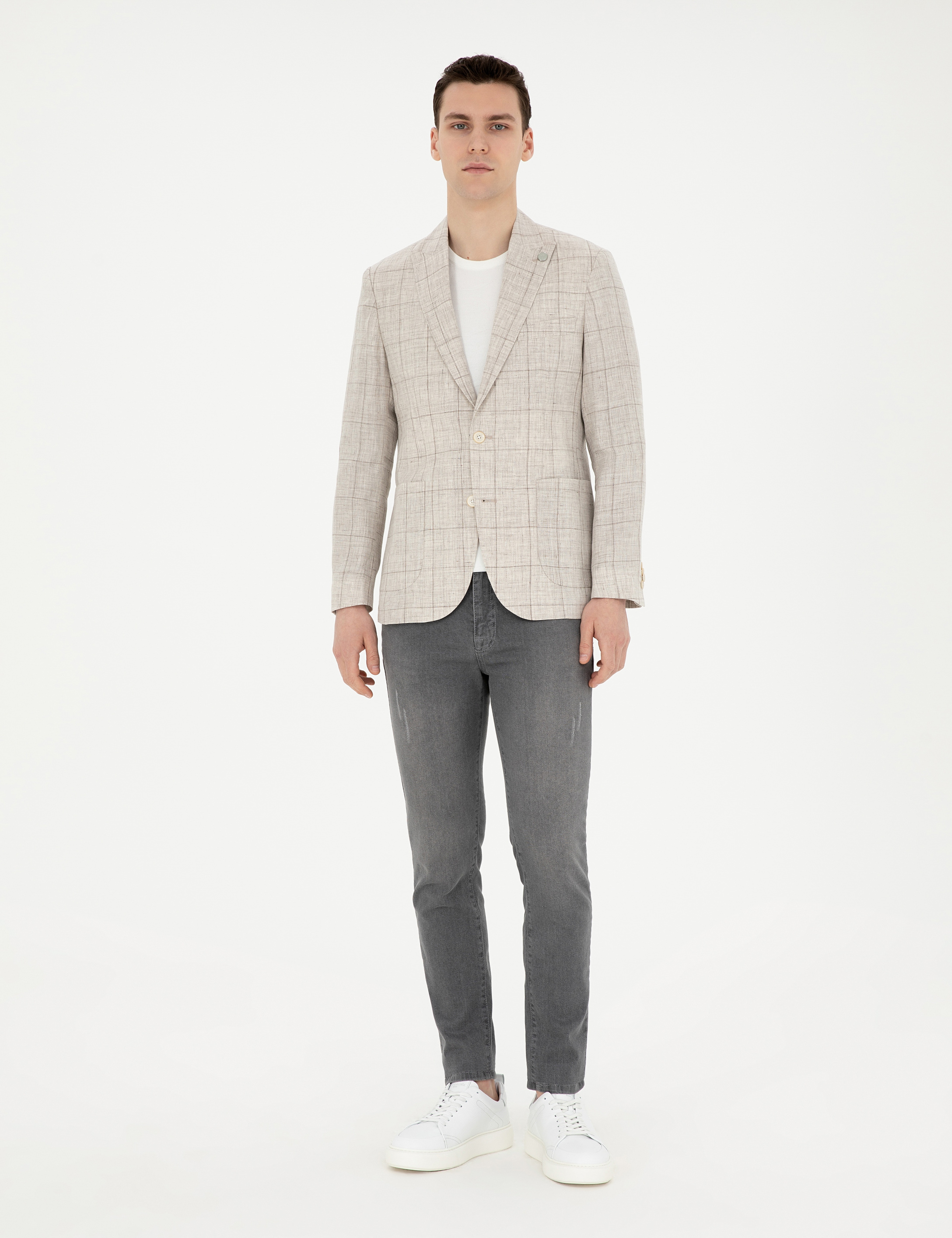 Açık Kahverengi Slim Fit %100 Keten Ekose Ceket