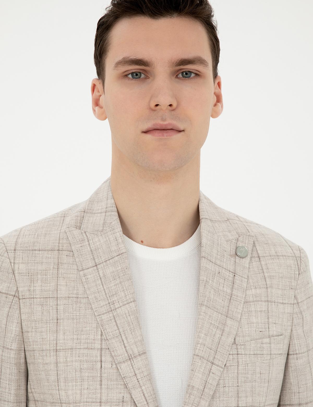 Açık Kahverengi Slim Fit %100 Keten Ekose Ceket - 50284929008