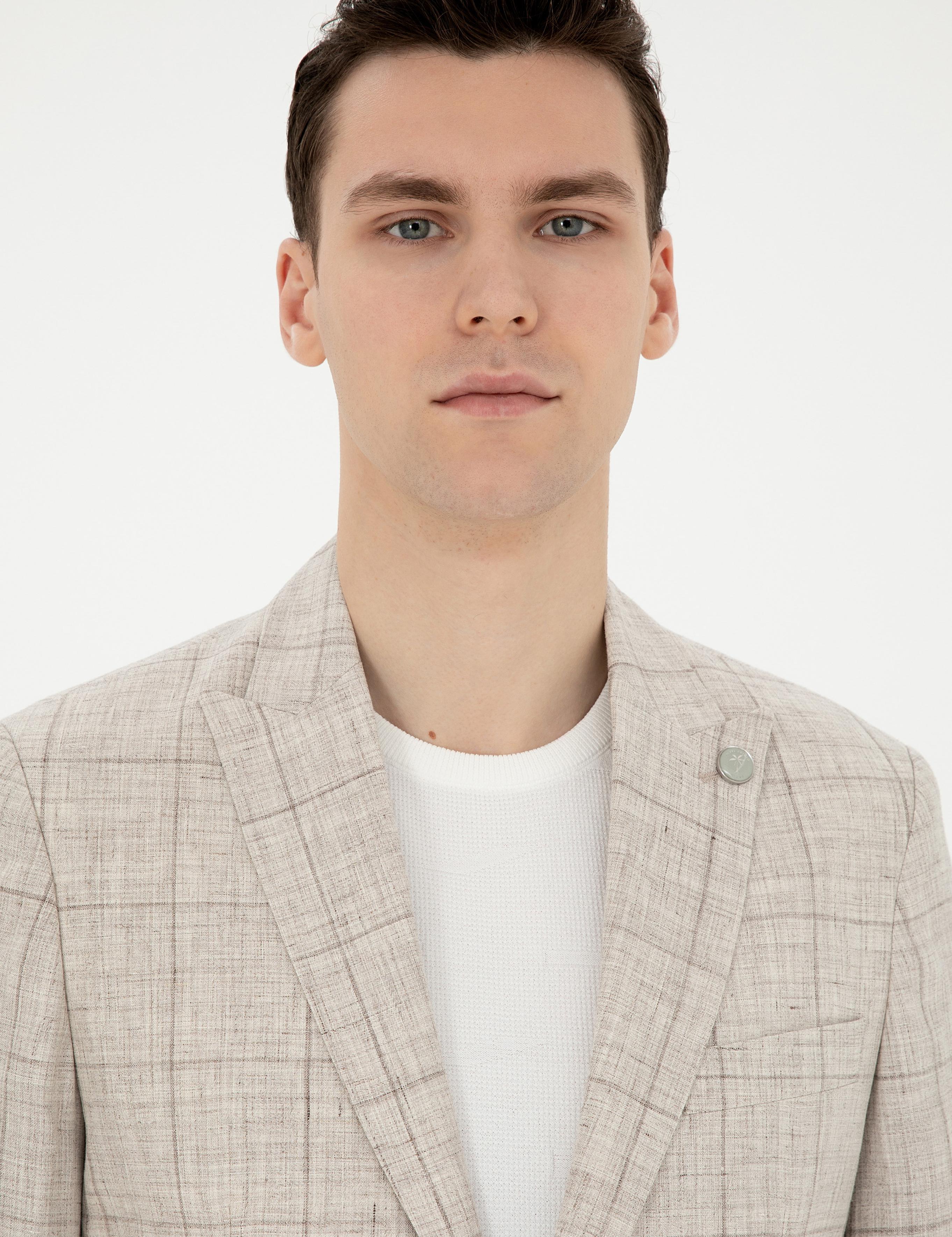 Açık Kahverengi Slim Fit %100 Keten Ekose Ceket