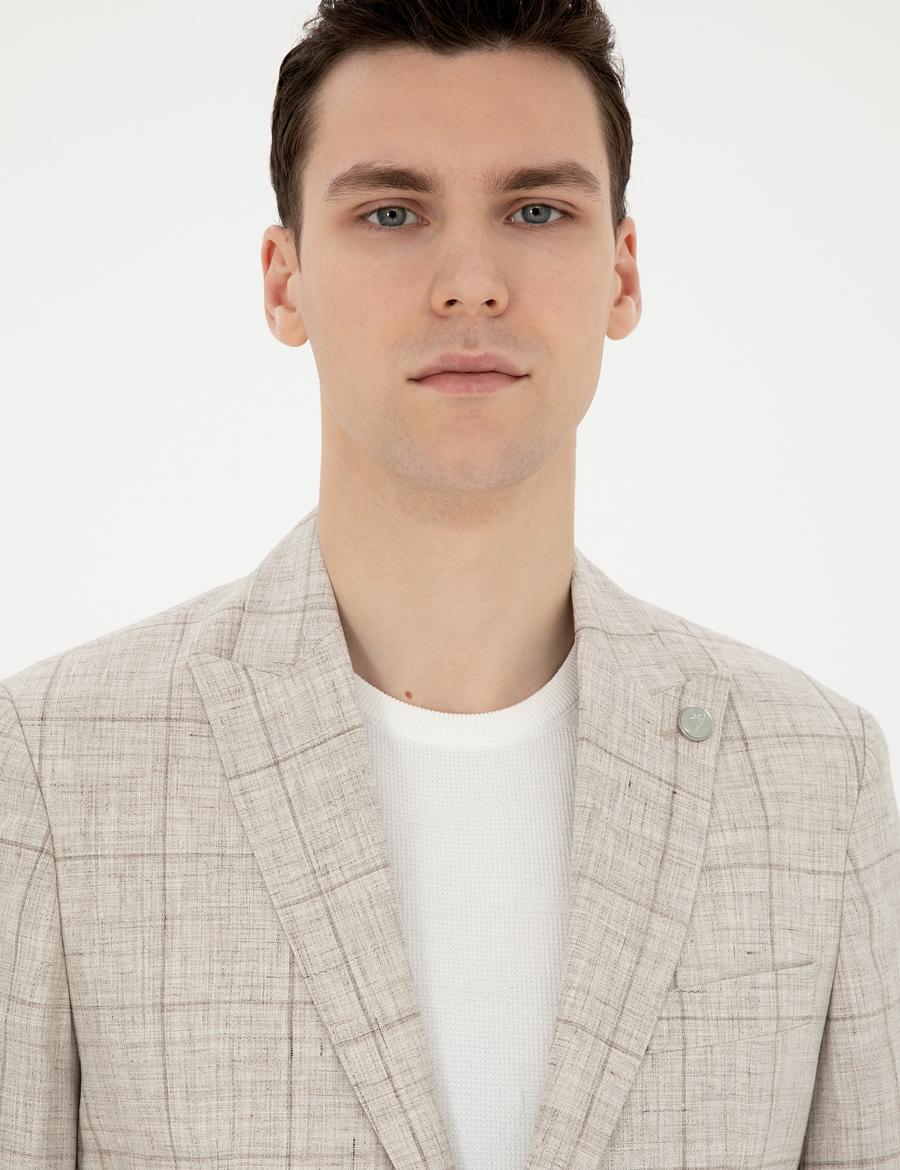 Açık Kahverengi Slim Fit %100 Keten Ekose Ceket