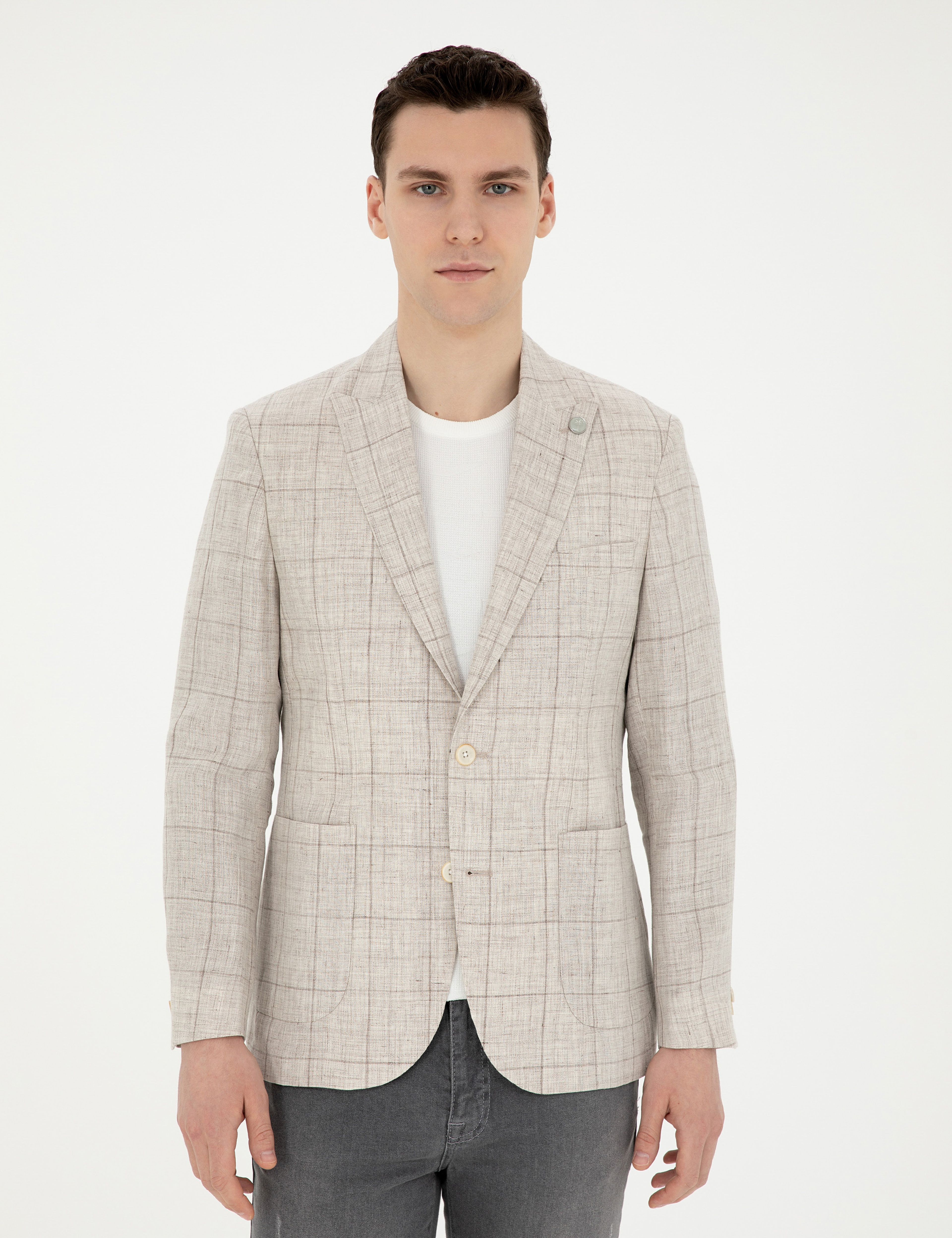 Açık Kahverengi Slim Fit %100 Keten Ekose Ceket