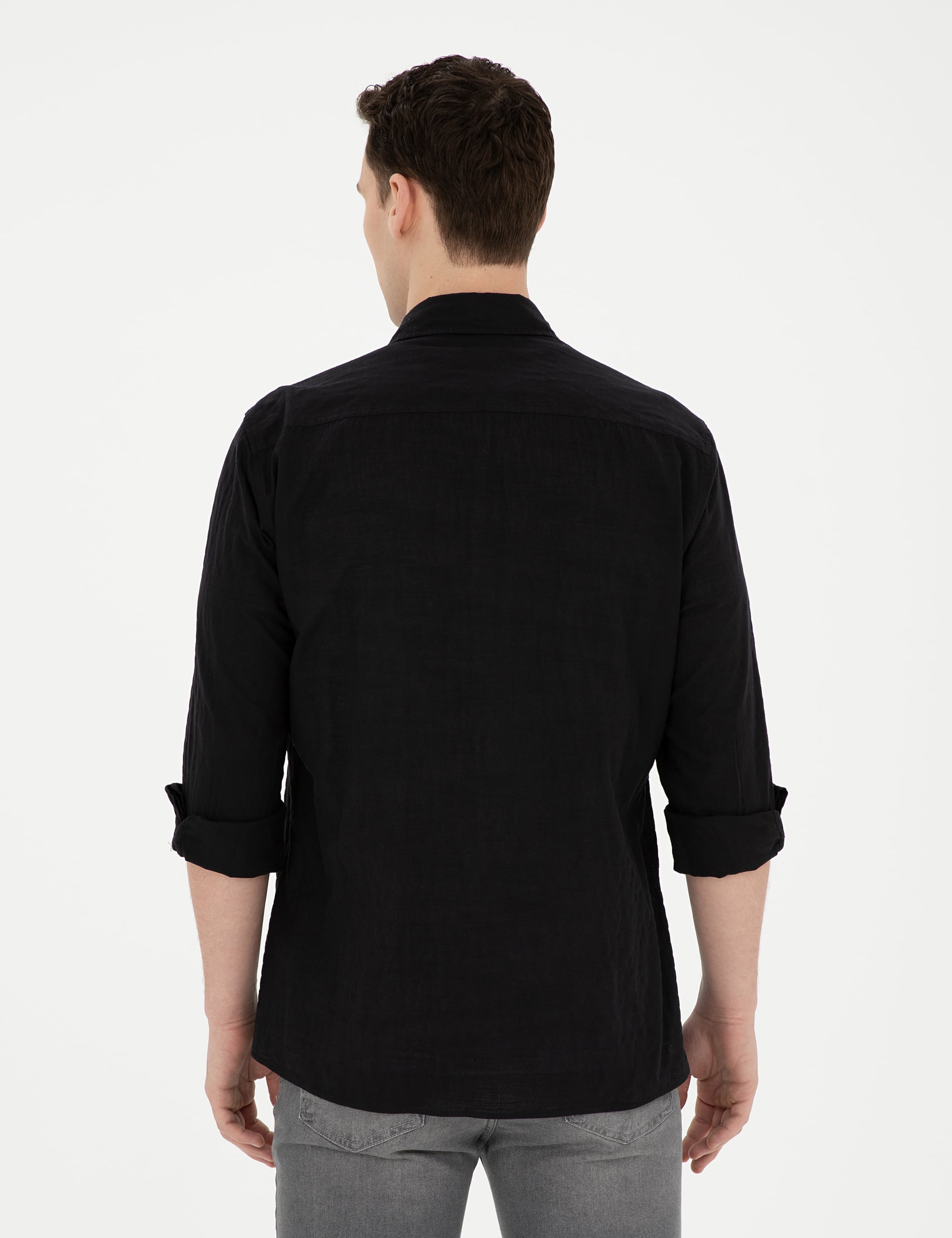 Siyah Regular Fit Uzun Kollu Gömlek - Image 5