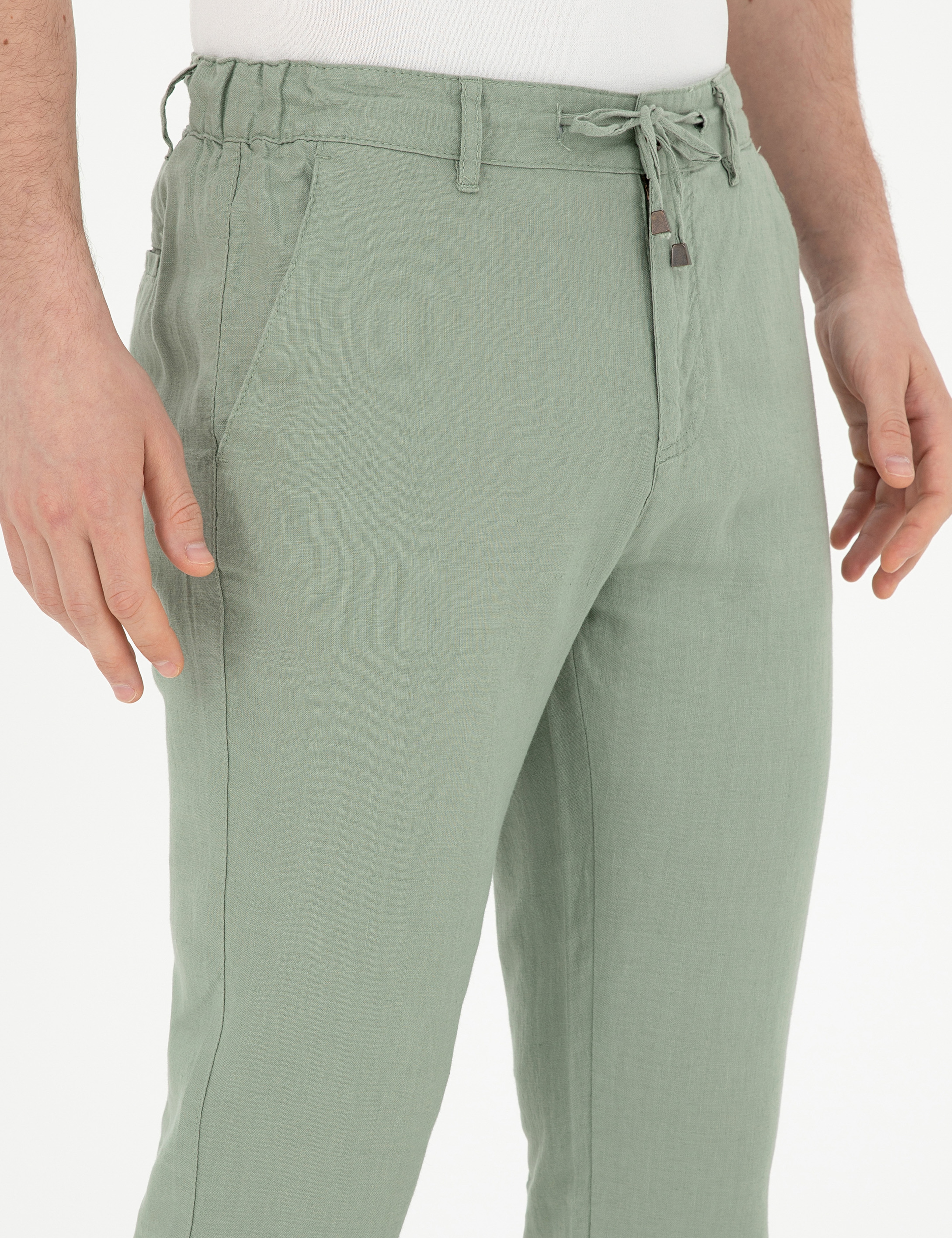Yeşil Carrot Fit %100 Keten Kanvas Pantolon - Image 5