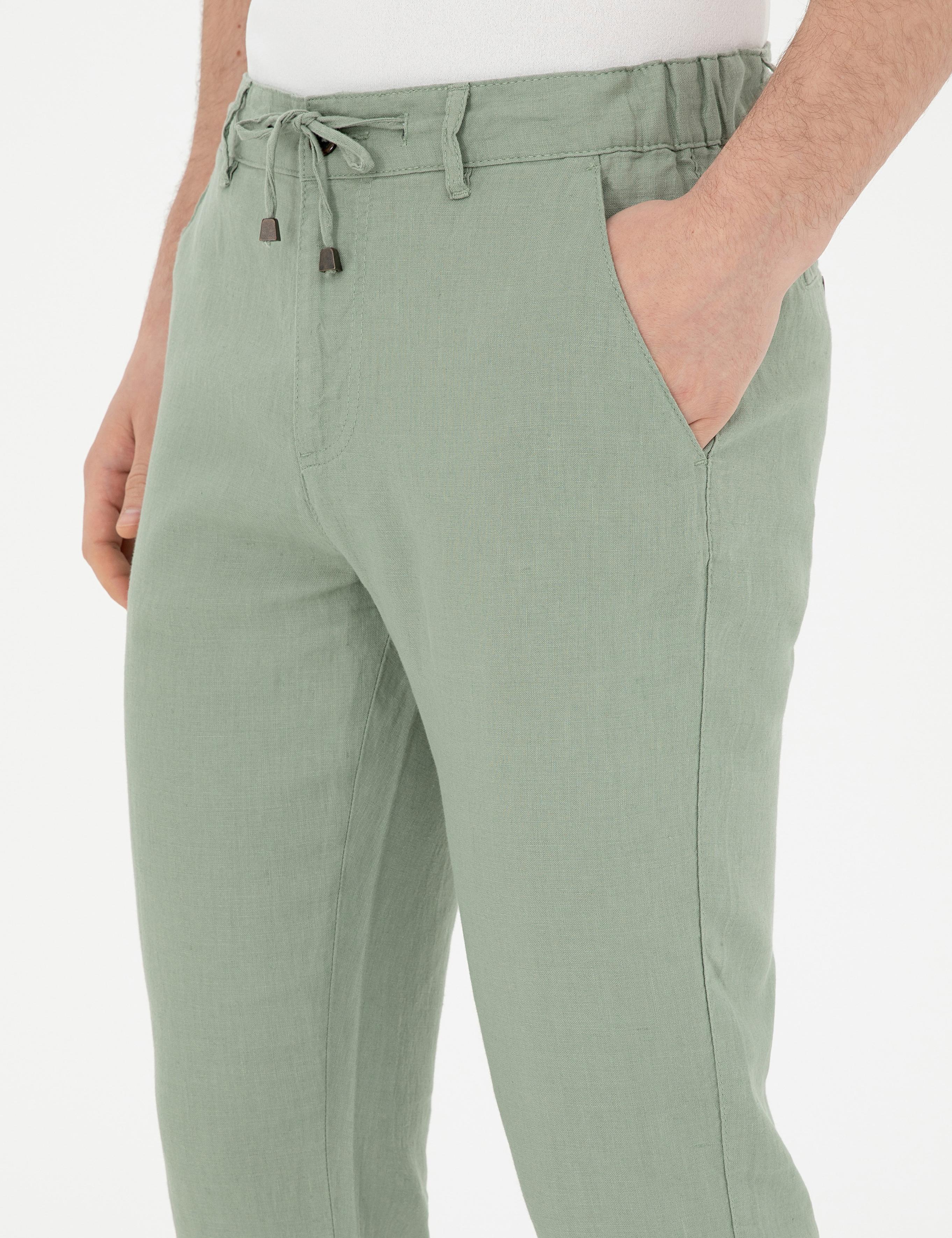 Yeşil Carrot Fit %100 Keten Kanvas Pantolon