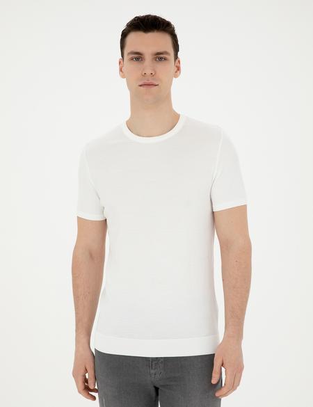 Beyaz Slim Fit Bisiklet Yaka Triko Tişört - 50287450001