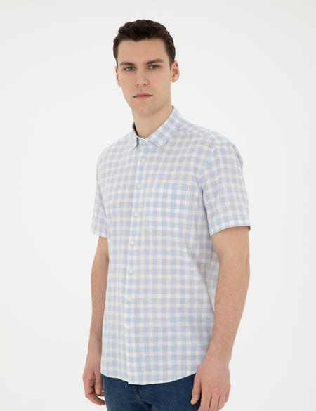 Açık Mavi Keten Karışımlı Regular Fit Kısa Kollu Gömlek - 50288740001