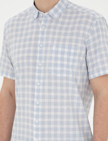 Açık Mavi Keten Karışımlı Regular Fit Kısa Kollu Gömlek - 50288740001