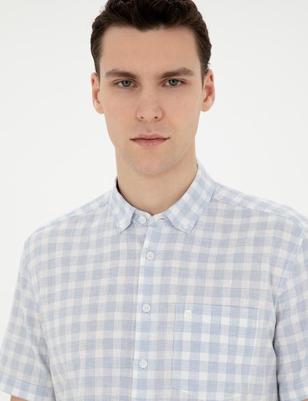 Açık Mavi Keten Karışımlı Regular Fit Kısa Kollu Gömlek - 50288740001