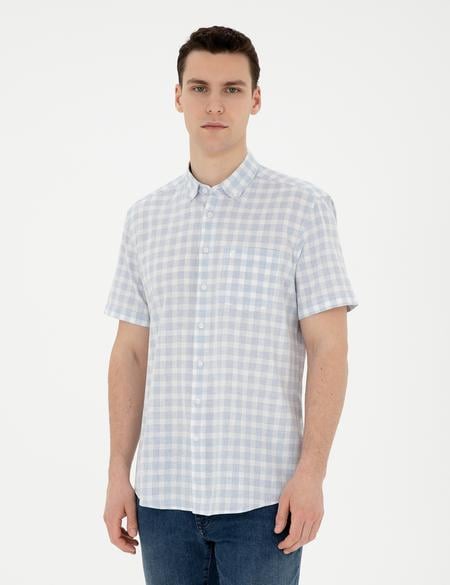 Açık Mavi Keten Karışımlı Regular Fit Kısa Kollu Gömlek - 50288740001