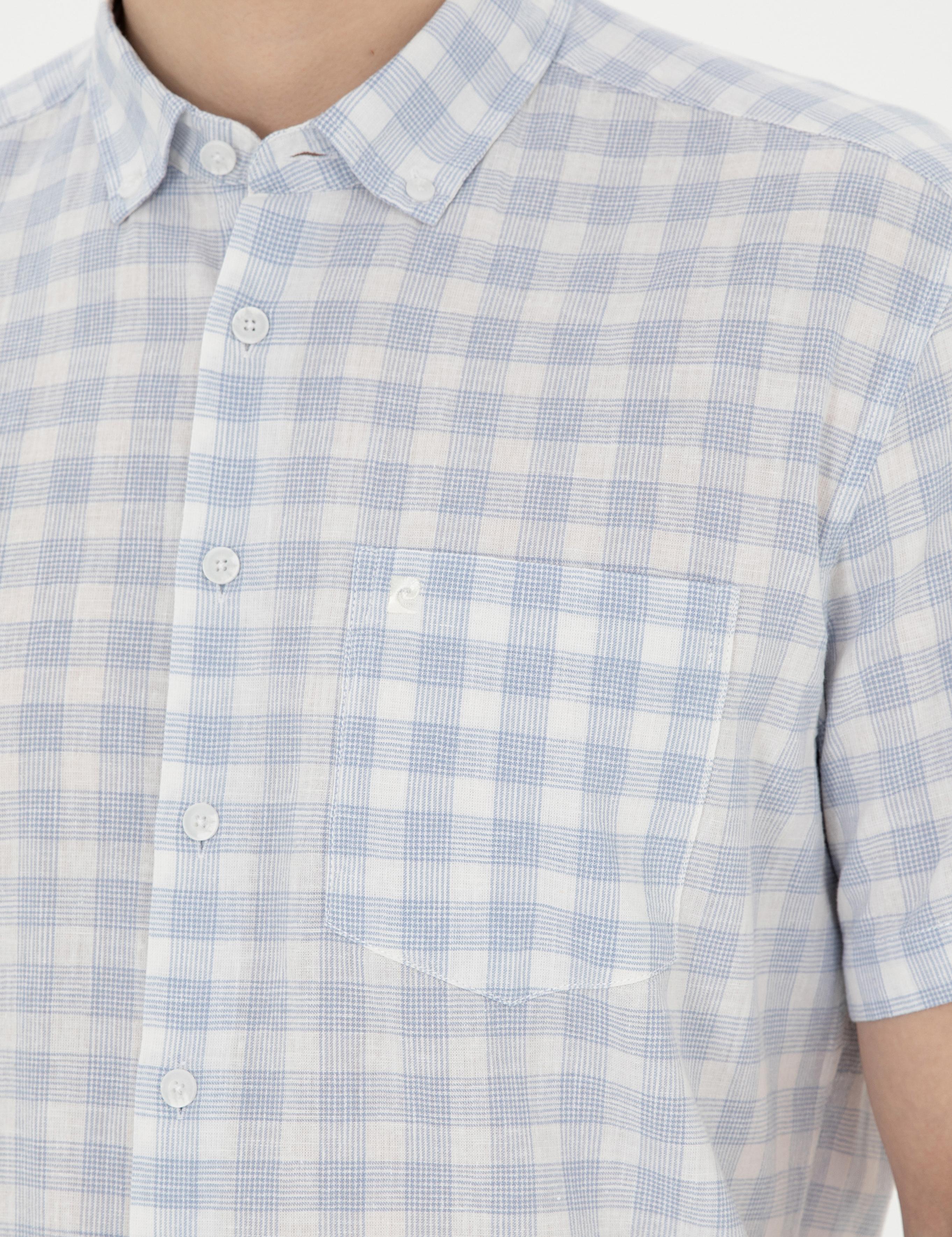 Açık Mavi Keten Karışımlı Regular Fit Kısa Kollu Gömlek