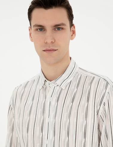 Siyah Keten Karışımlı Slim Fit Uzun Kollu Gömlek