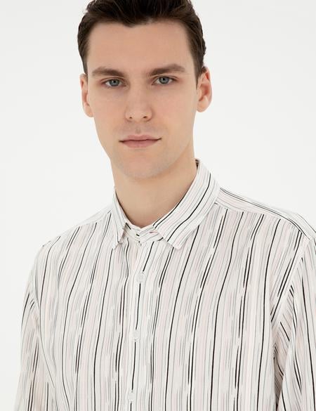 Siyah Keten Karışımlı Slim Fit Uzun Kollu Gömlek - 50283508041