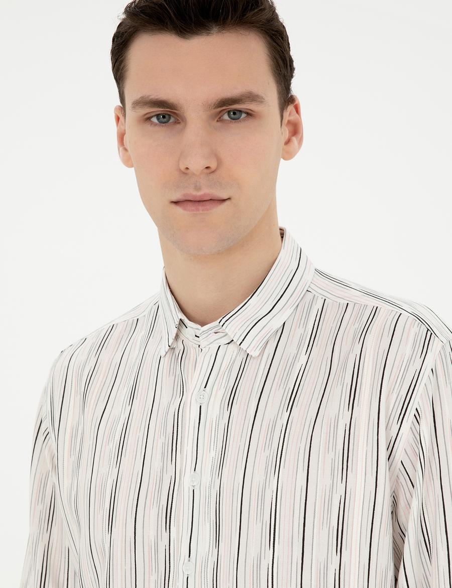 Siyah Keten Karışımlı Slim Fit Uzun Kollu Gömlek