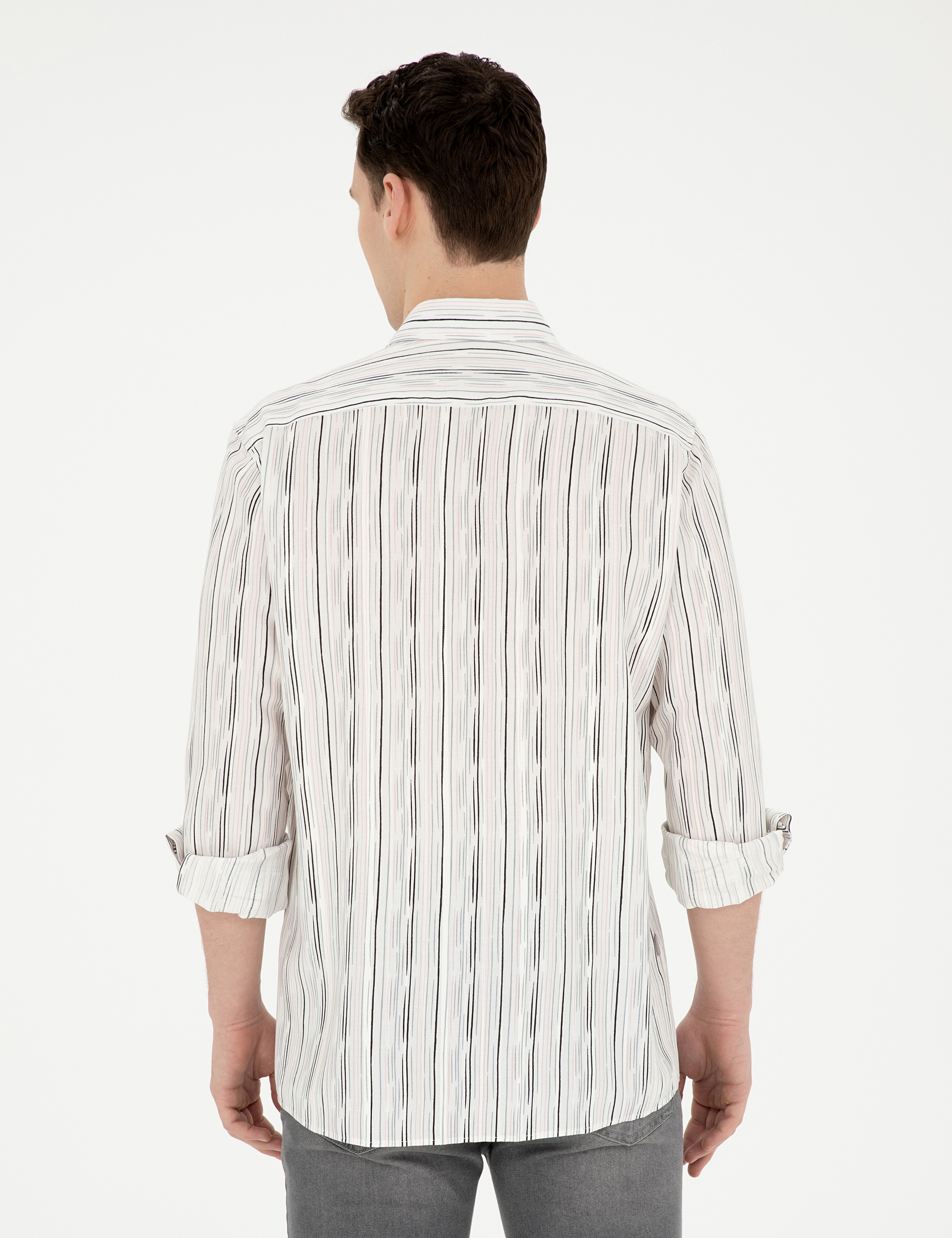 Siyah Keten Karışımlı Slim Fit Uzun Kollu Gömlek - Image 5