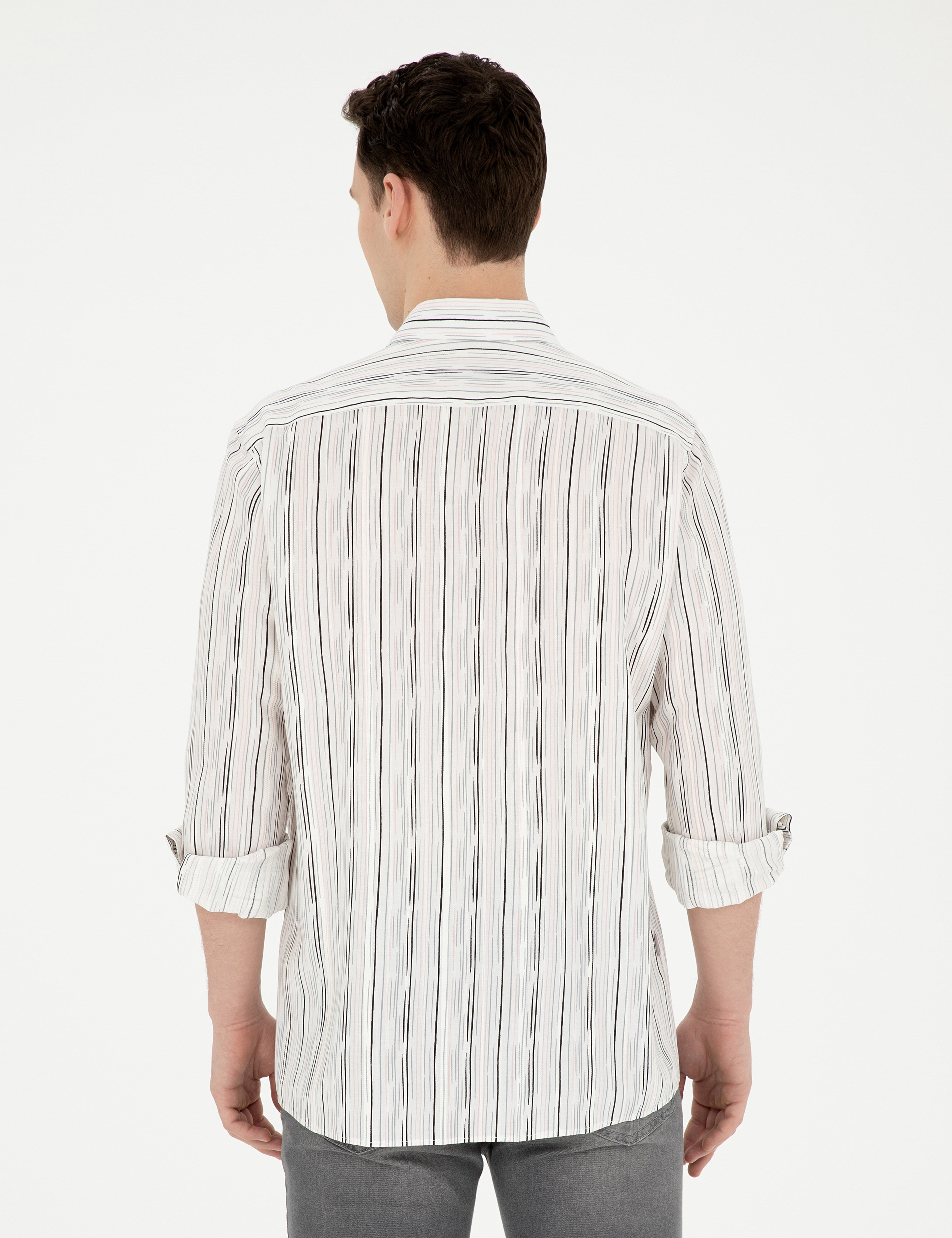Siyah Keten Karışımlı Slim Fit Uzun Kollu Gömlek