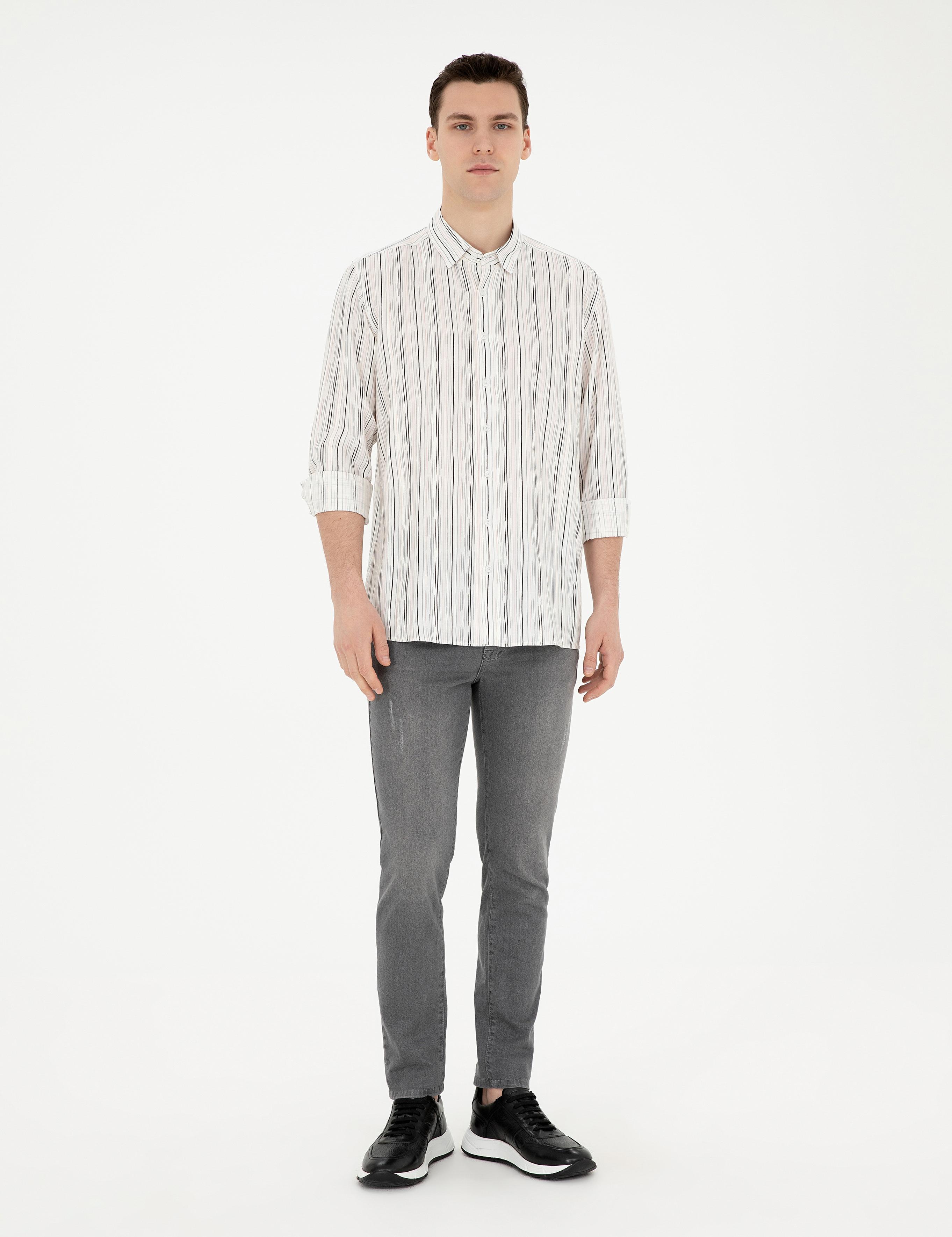 Siyah Keten Karışımlı Slim Fit Uzun Kollu Gömlek