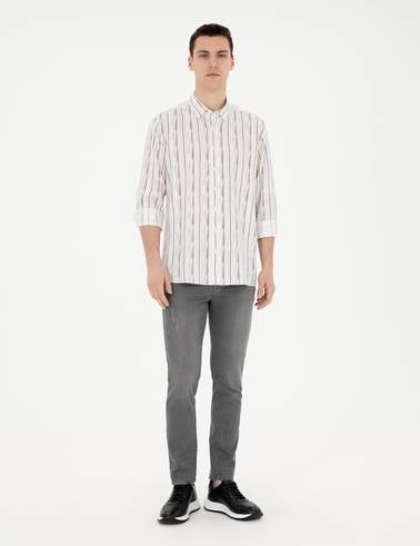 Siyah Keten Karışımlı Slim Fit Uzun Kollu Gömlek