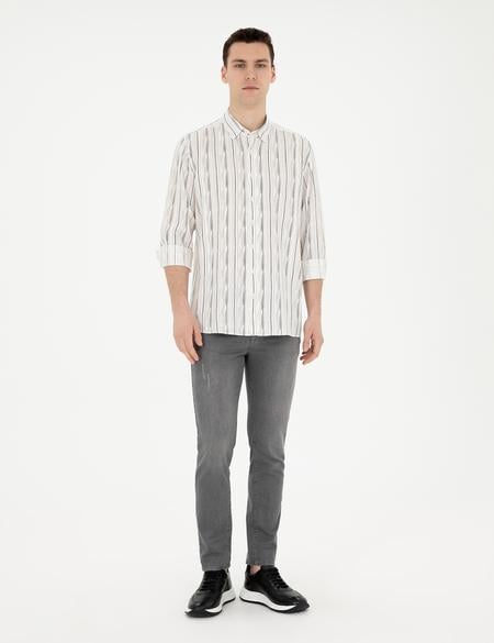 Siyah Keten Karışımlı Slim Fit Uzun Kollu Gömlek - 50283508041