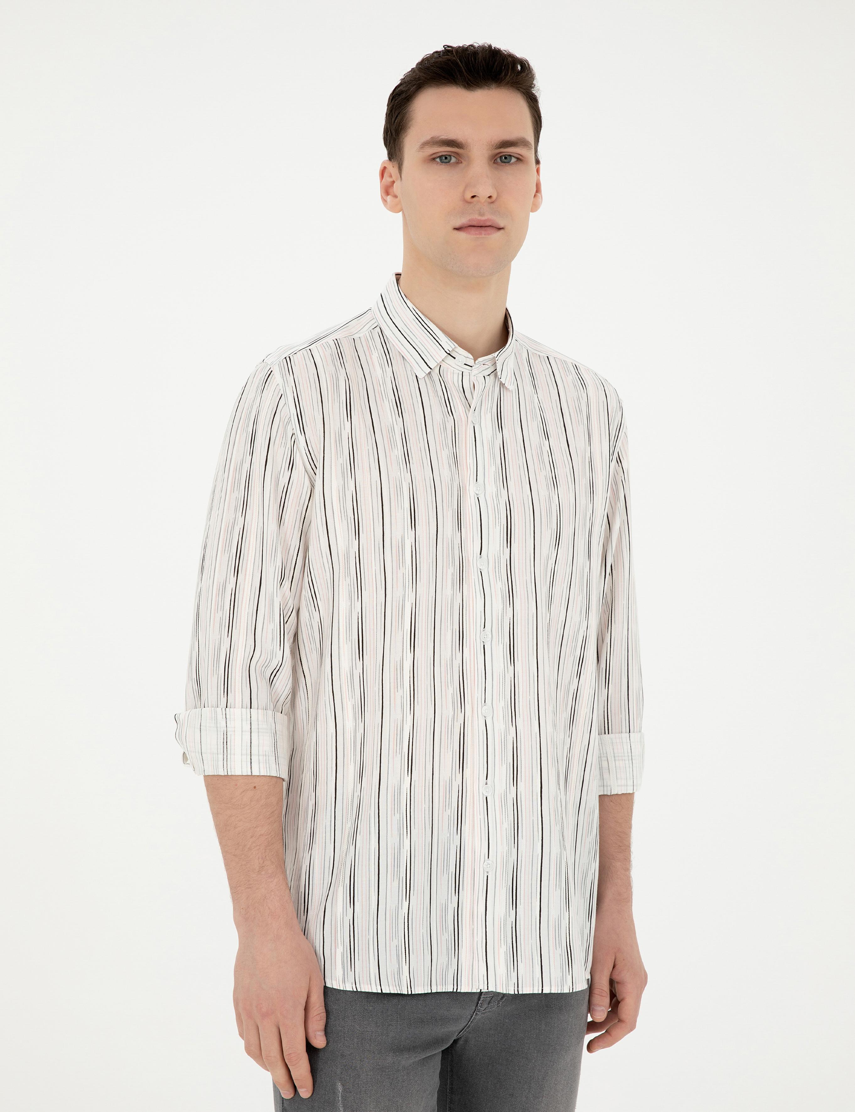 Siyah Keten Karışımlı Slim Fit Uzun Kollu Gömlek