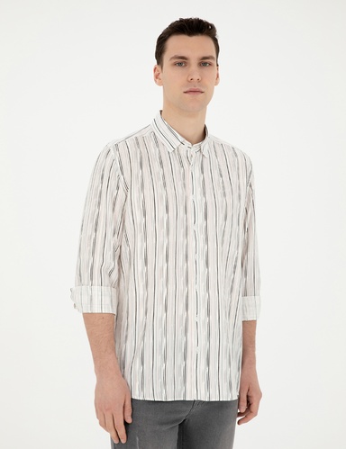 Siyah Keten Karışımlı Slim Fit Uzun Kollu Gömlek