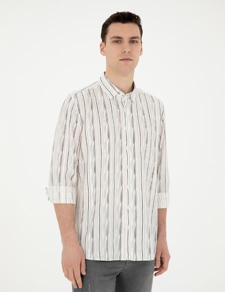 Siyah Keten Karışımlı Slim Fit Uzun Kollu Gömlek - 50283508041