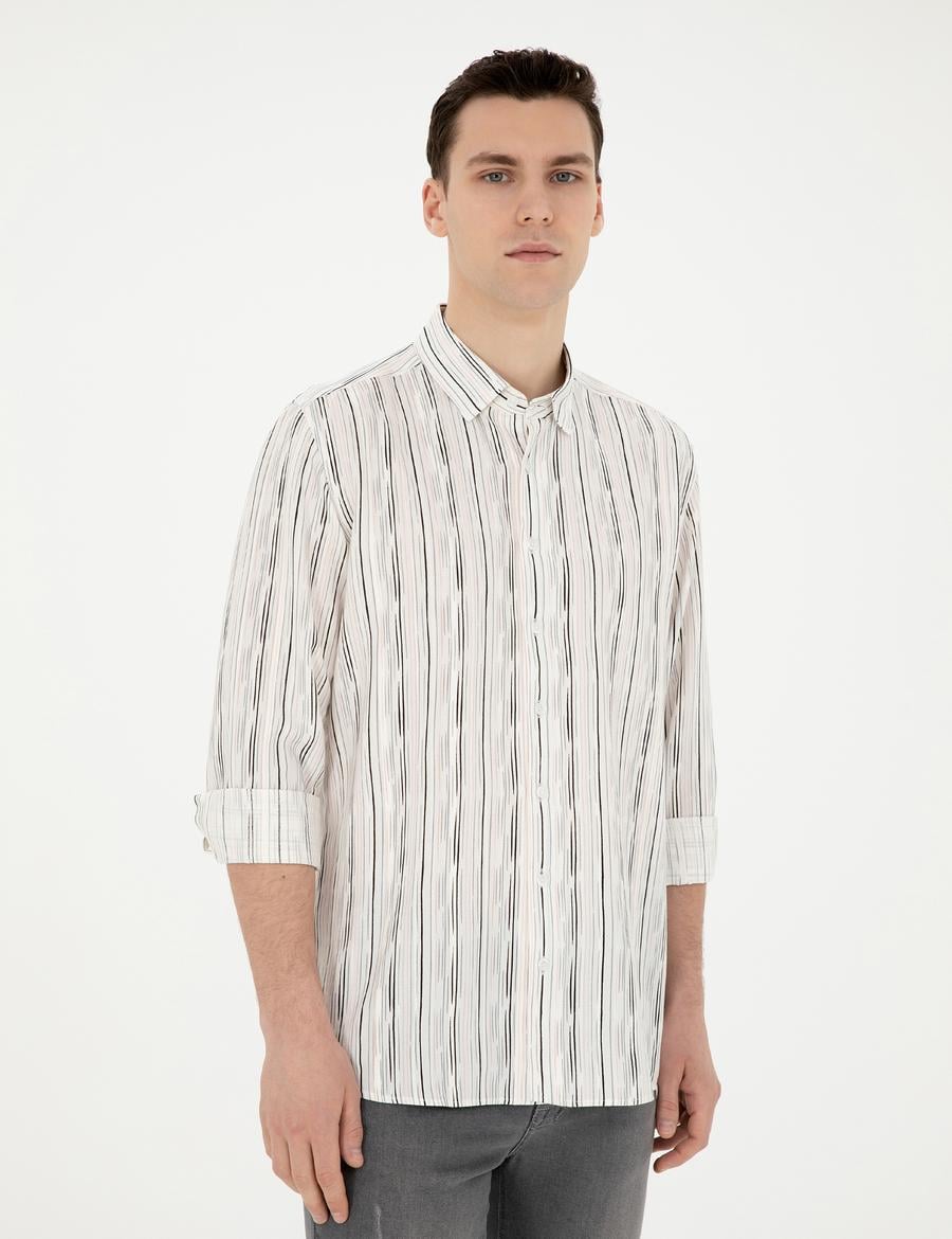 Siyah Keten Karışımlı Slim Fit Uzun Kollu Gömlek