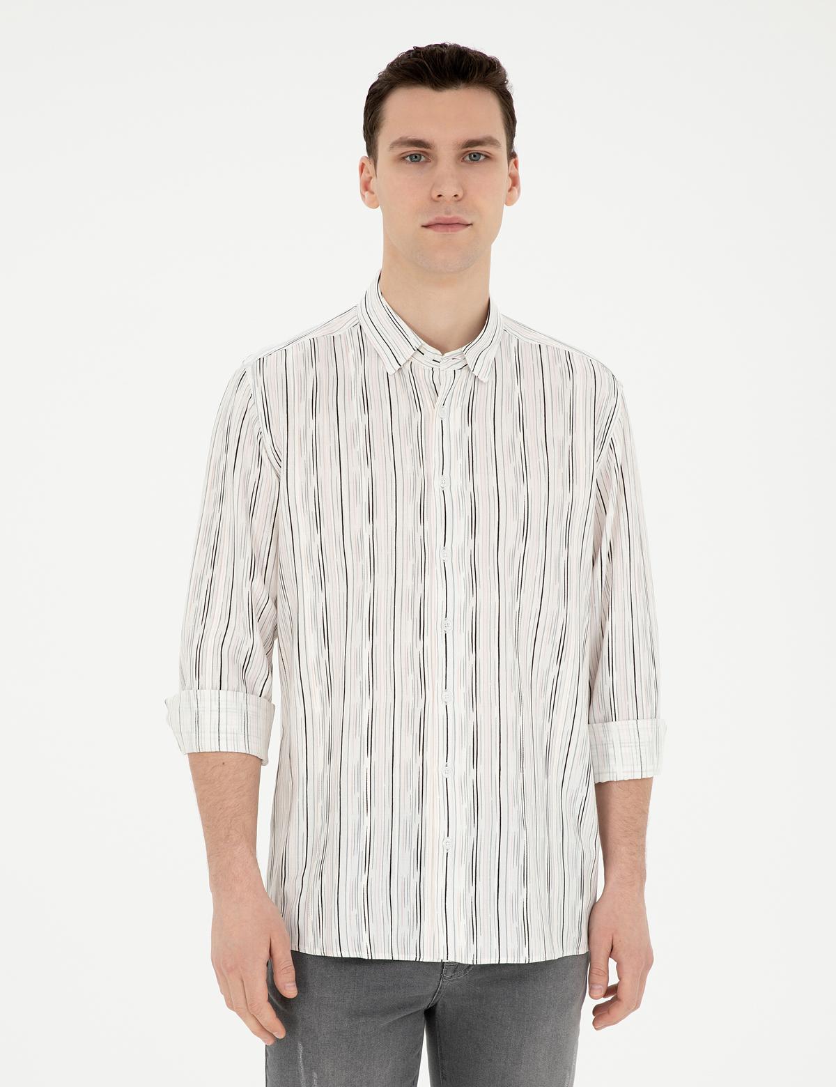 Siyah Keten Karışımlı Slim Fit Uzun Kollu Gömlek - 50283508041