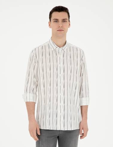 Siyah Keten Karışımlı Slim Fit Uzun Kollu Gömlek