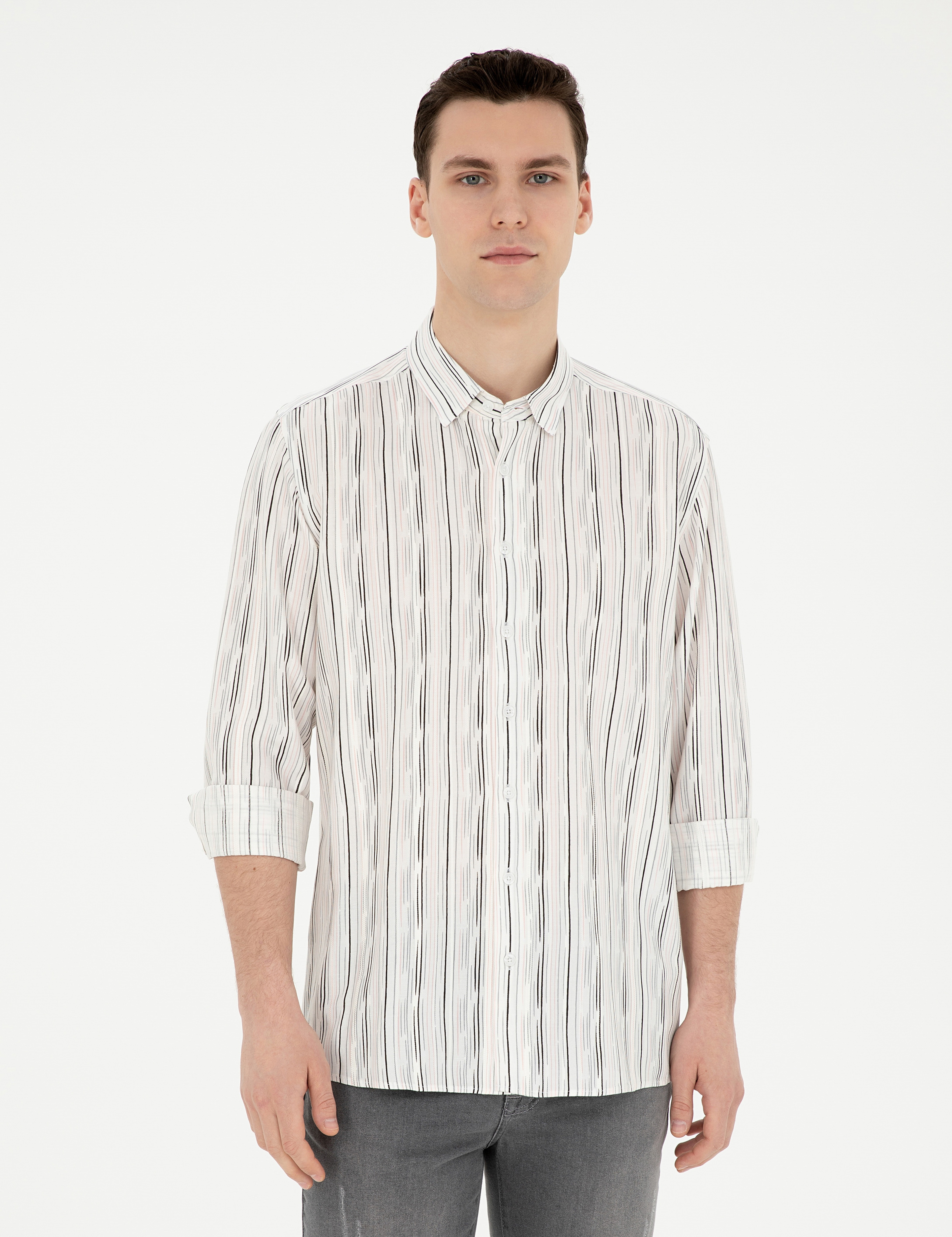 Siyah Keten Karışımlı Slim Fit Uzun Kollu Gömlek - Image 3