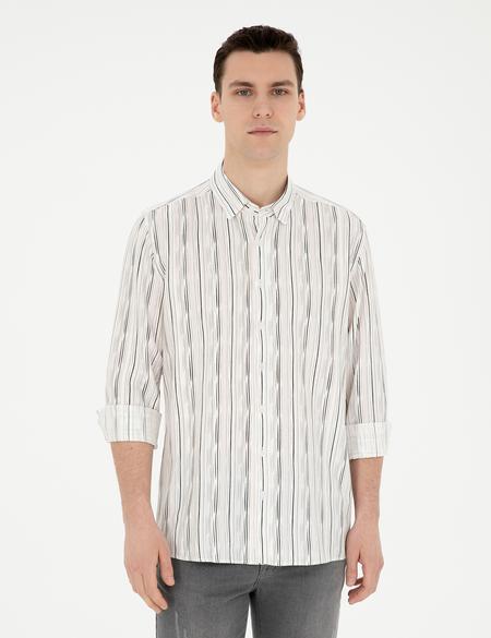 Siyah Keten Karışımlı Slim Fit Uzun Kollu Gömlek - 50283508041