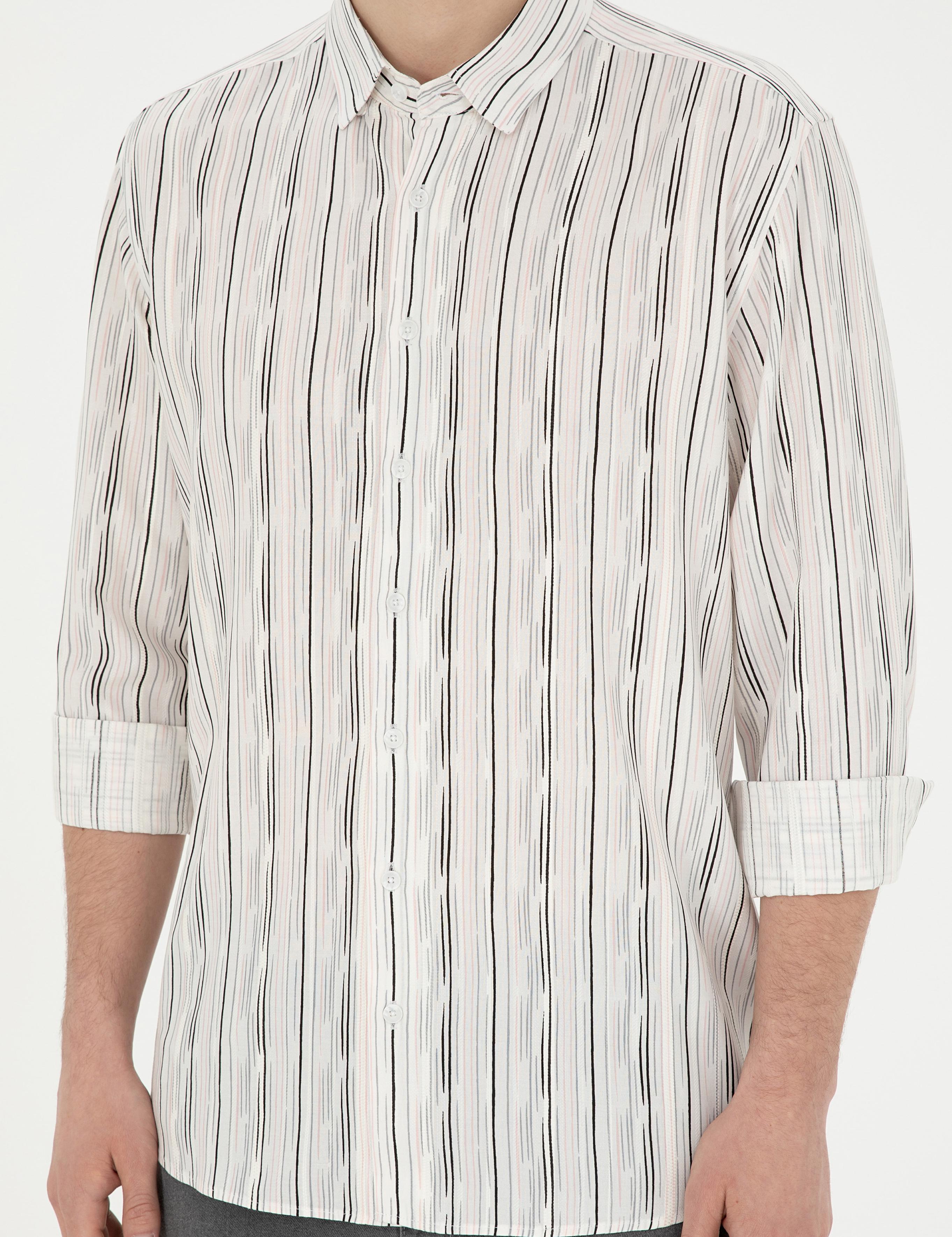 Siyah Keten Karışımlı Slim Fit Uzun Kollu Gömlek