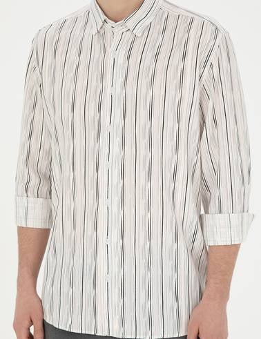 Siyah Keten Karışımlı Slim Fit Uzun Kollu Gömlek