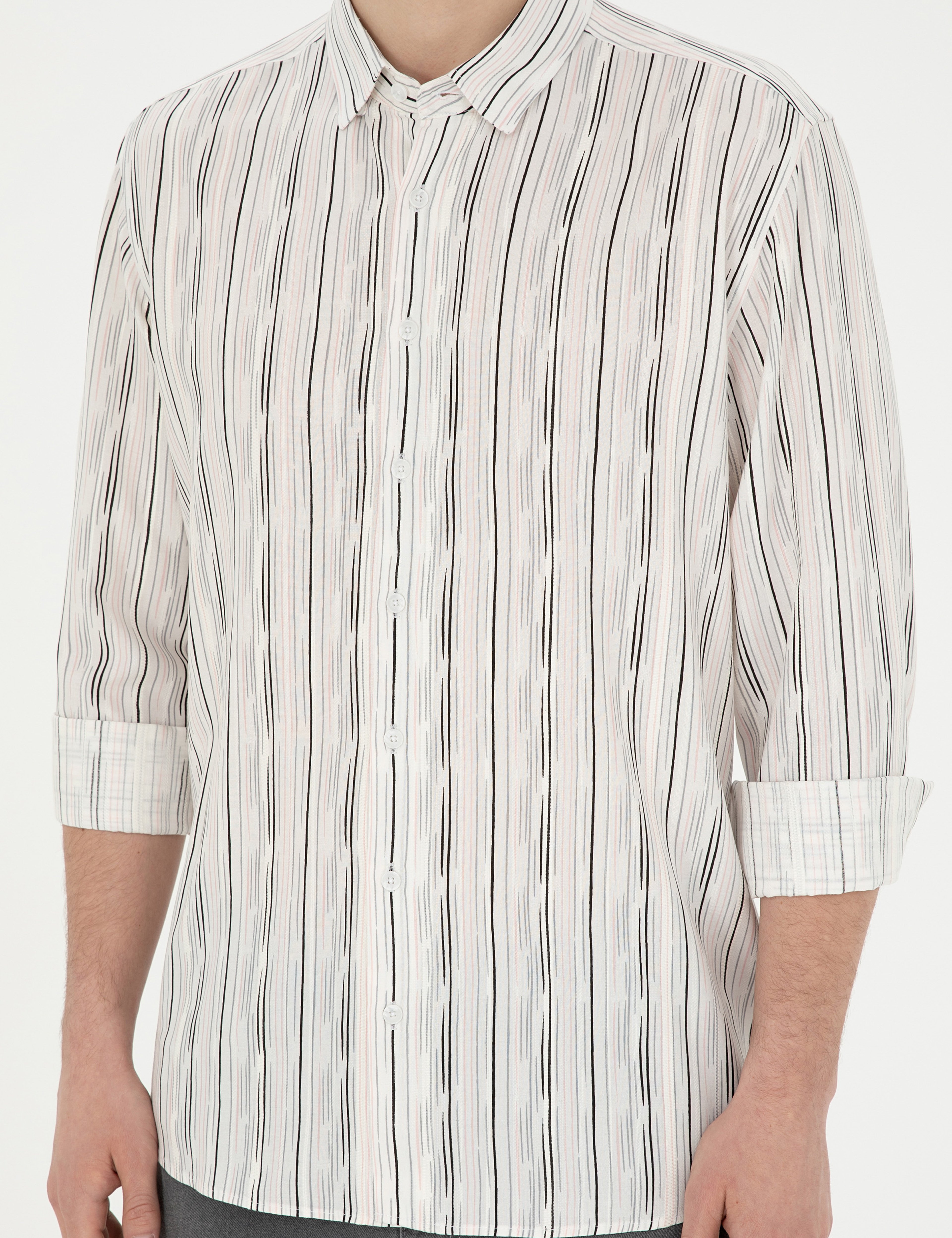 Siyah Keten Karışımlı Slim Fit Uzun Kollu Gömlek - Image 6