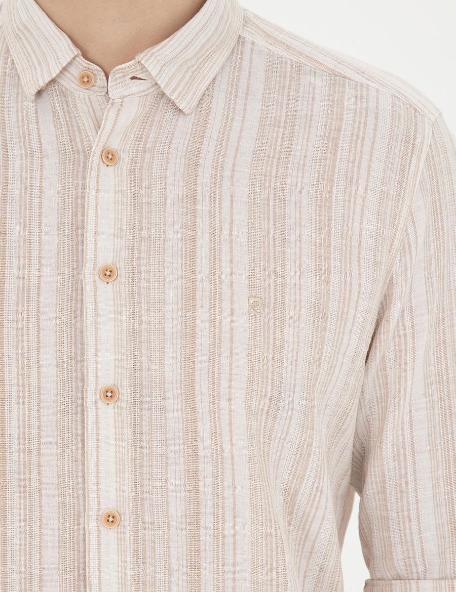 Kahverengi Keten Karışımlı Regular Fit Uzun Kollu Gömlek