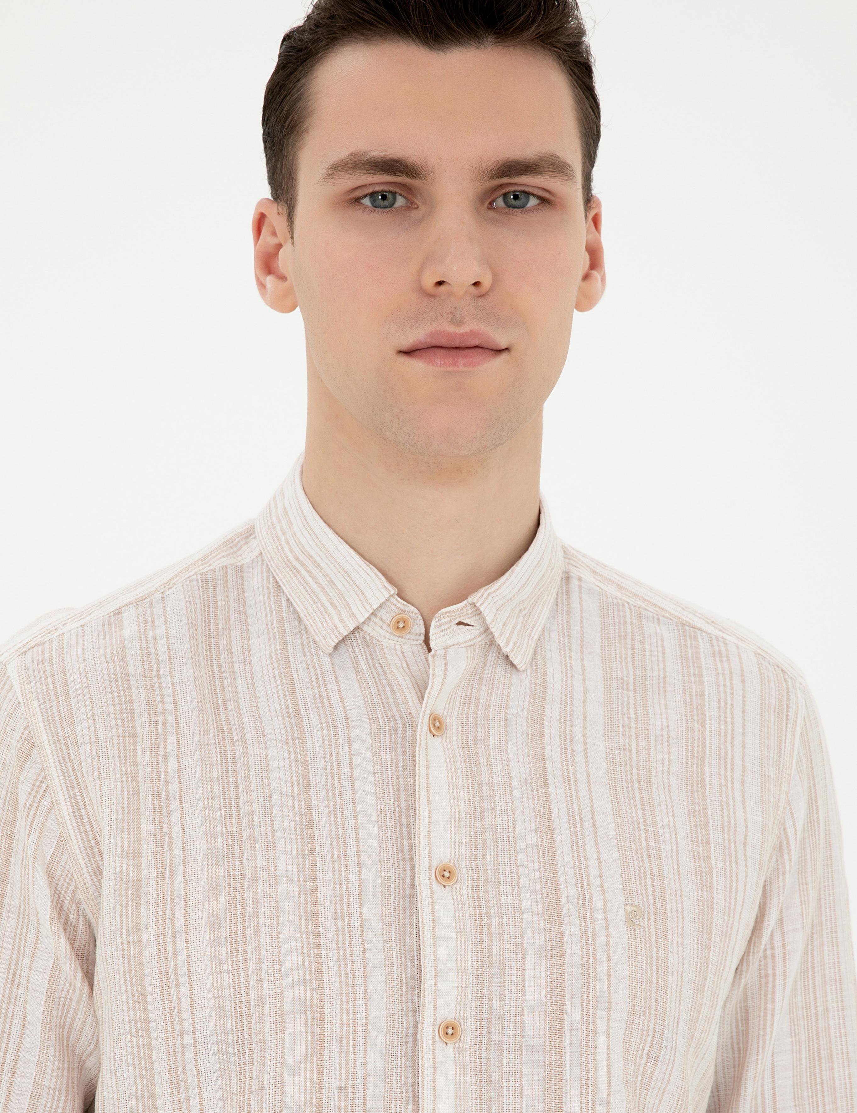 Kahverengi Keten Karışımlı Regular Fit Uzun Kollu Gömlek