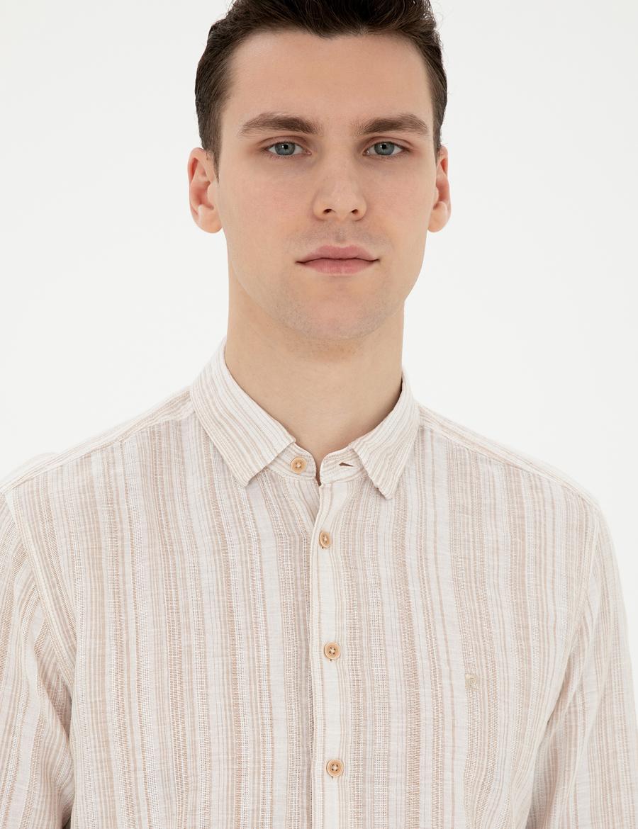 Kahverengi Keten Karışımlı Regular Fit Uzun Kollu Gömlek