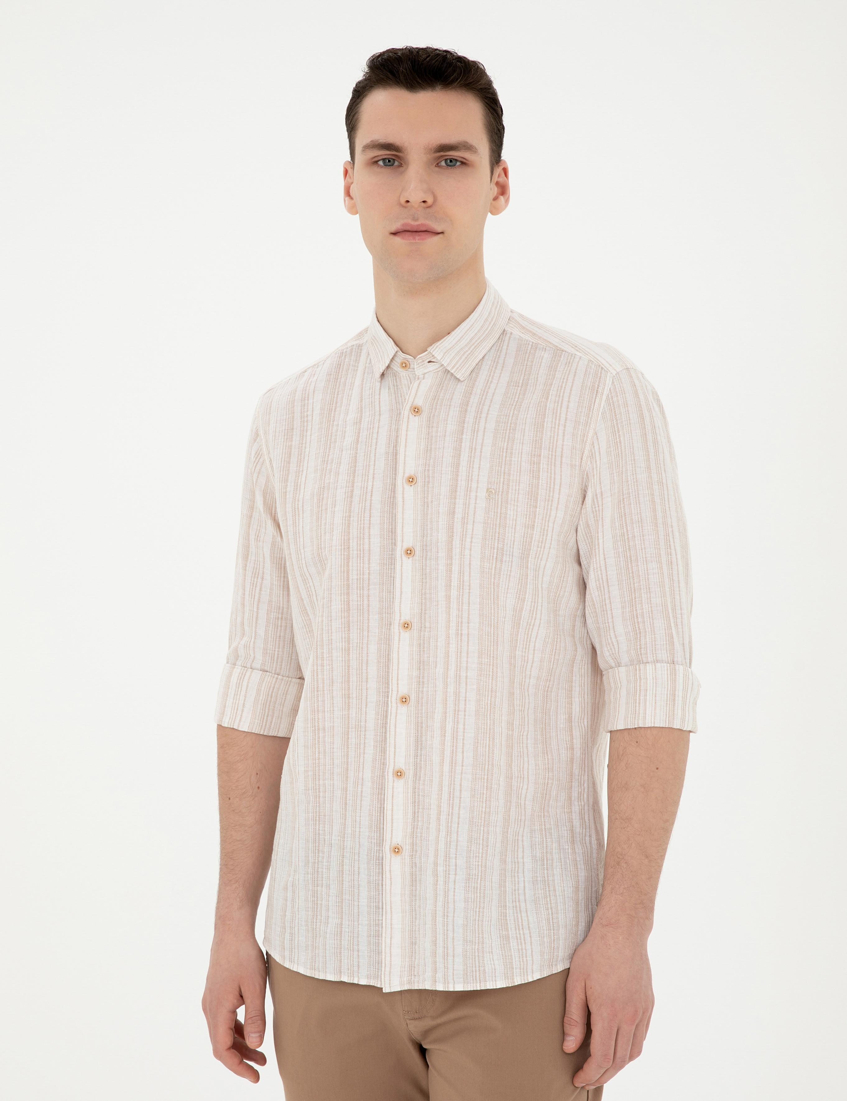 Kahverengi Keten Karışımlı Regular Fit Uzun Kollu Gömlek