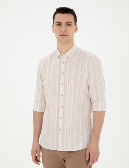 Kahverengi Keten Karışımlı Regular Fit Uzun Kollu Gömlek - 50284591022