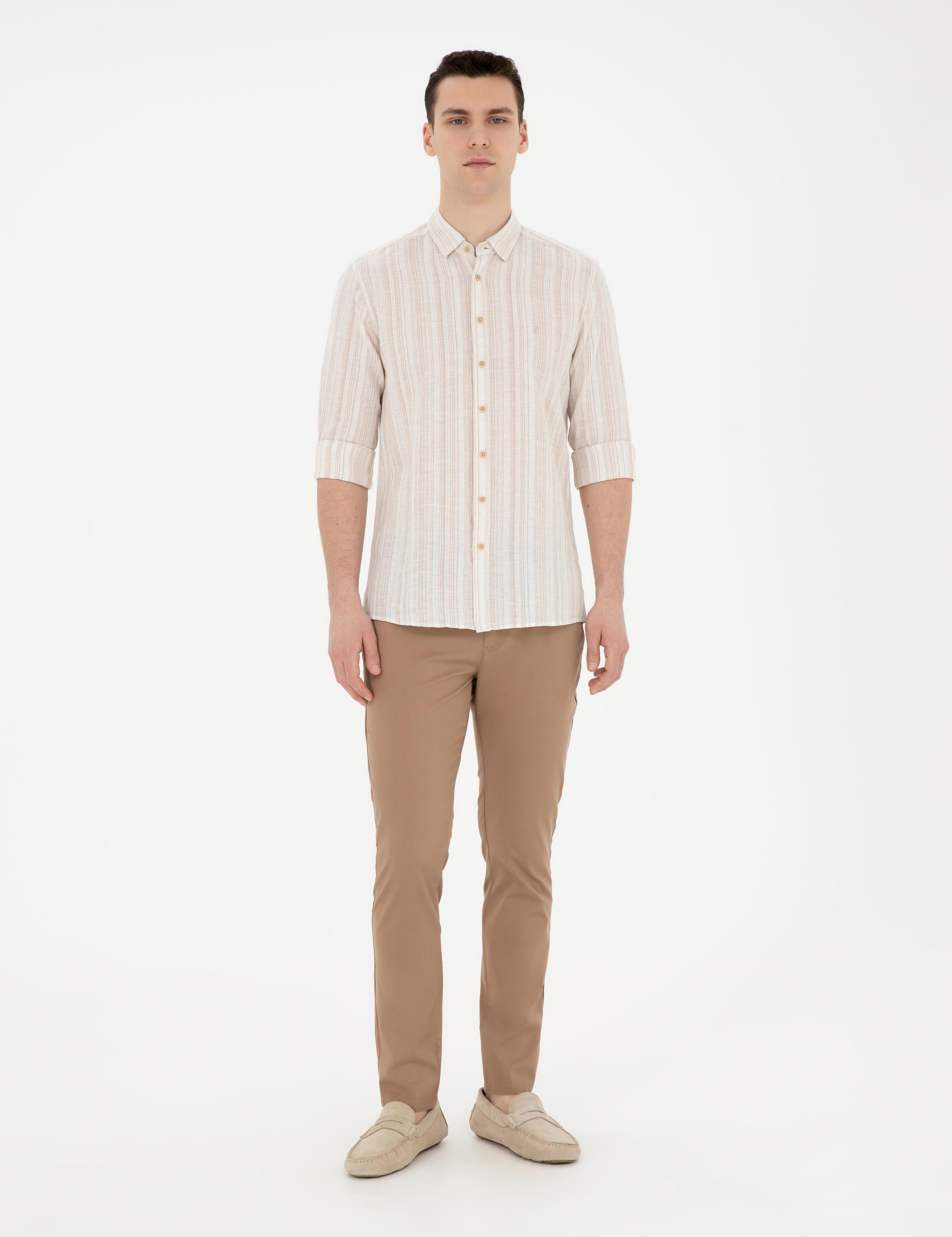 Kahverengi Keten Karışımlı Regular Fit Uzun Kollu Gömlek