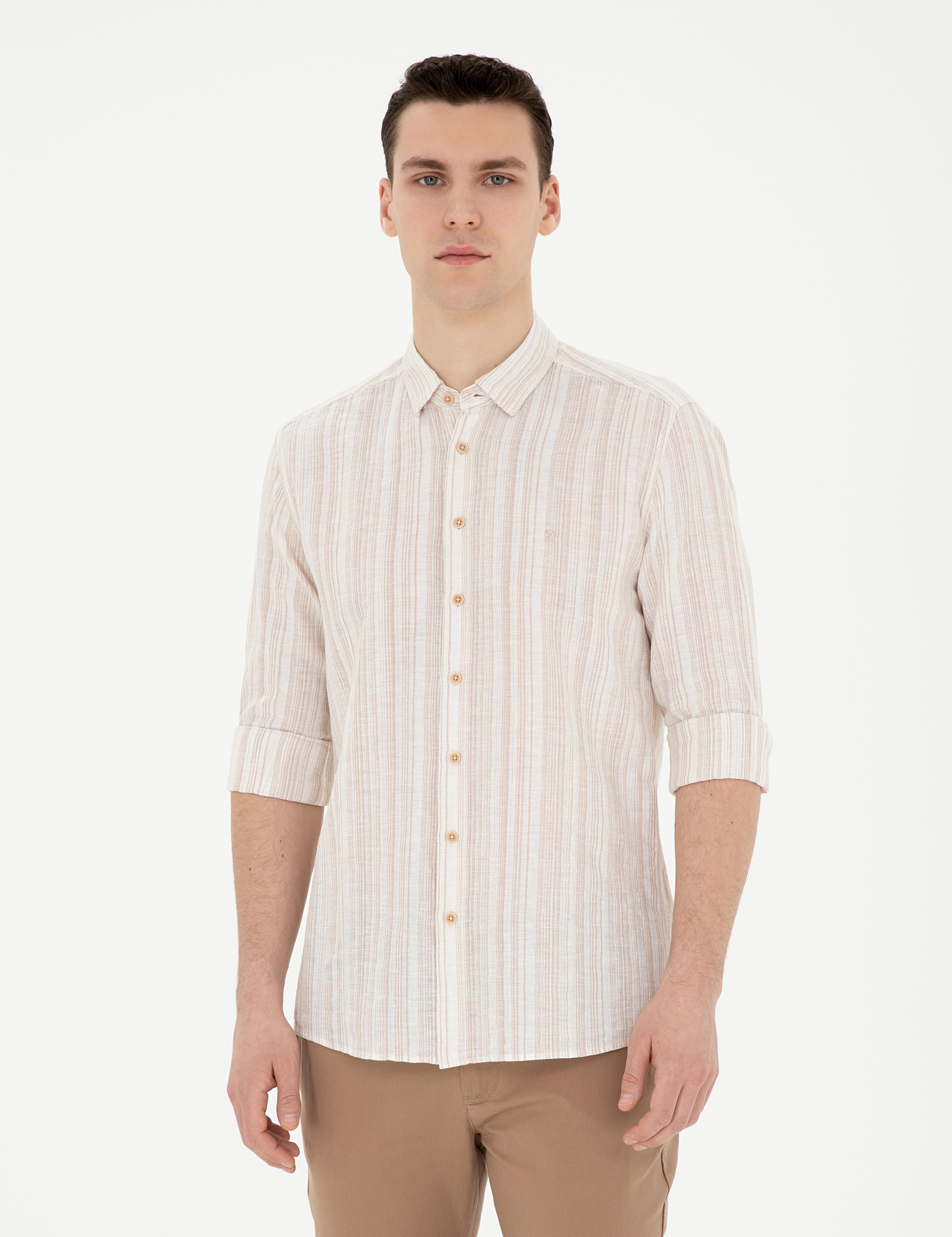 Kahverengi Keten Karışımlı Regular Fit Uzun Kollu Gömlek