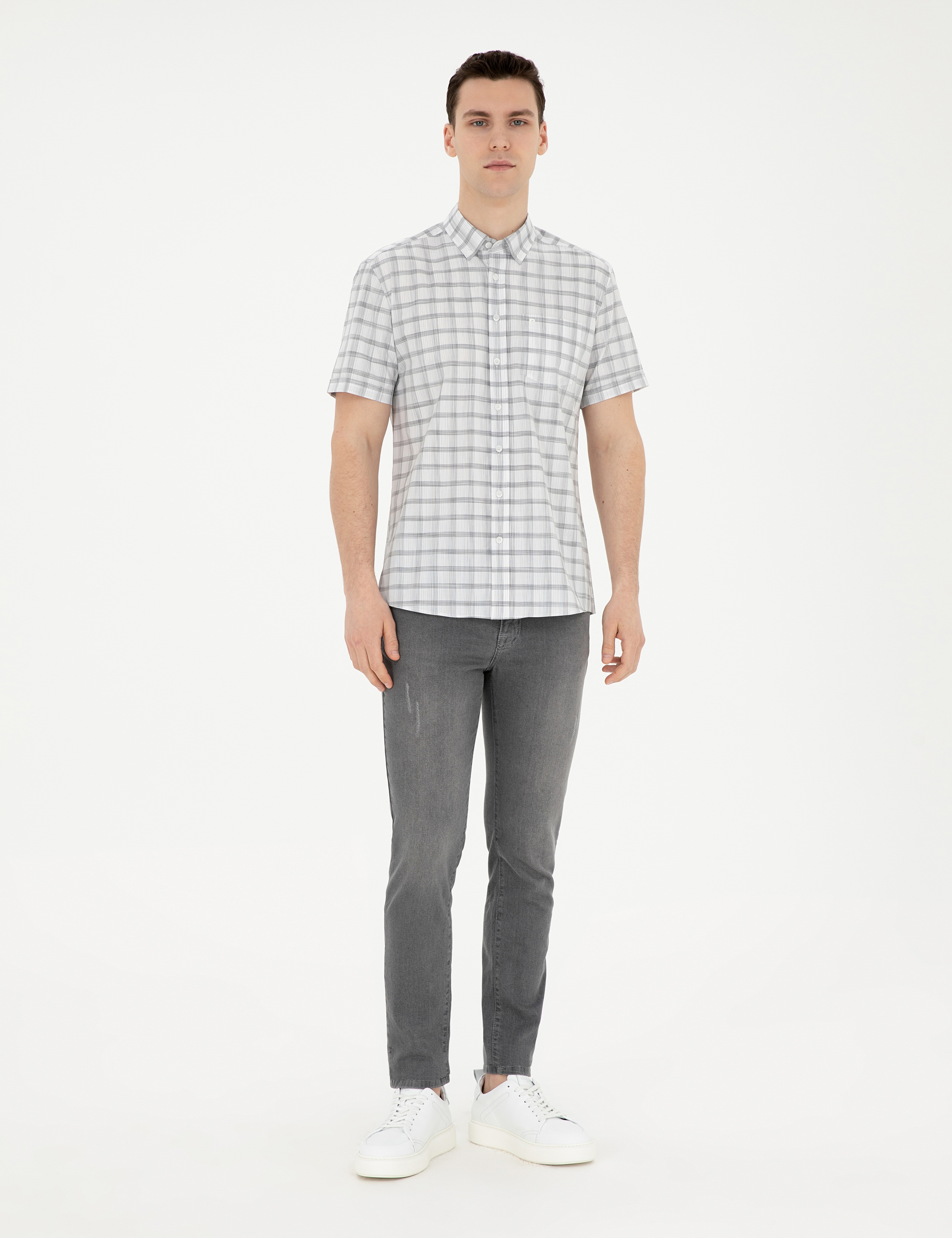 Gri Regular Fit Kısa Kollu Gömlek - Image 4