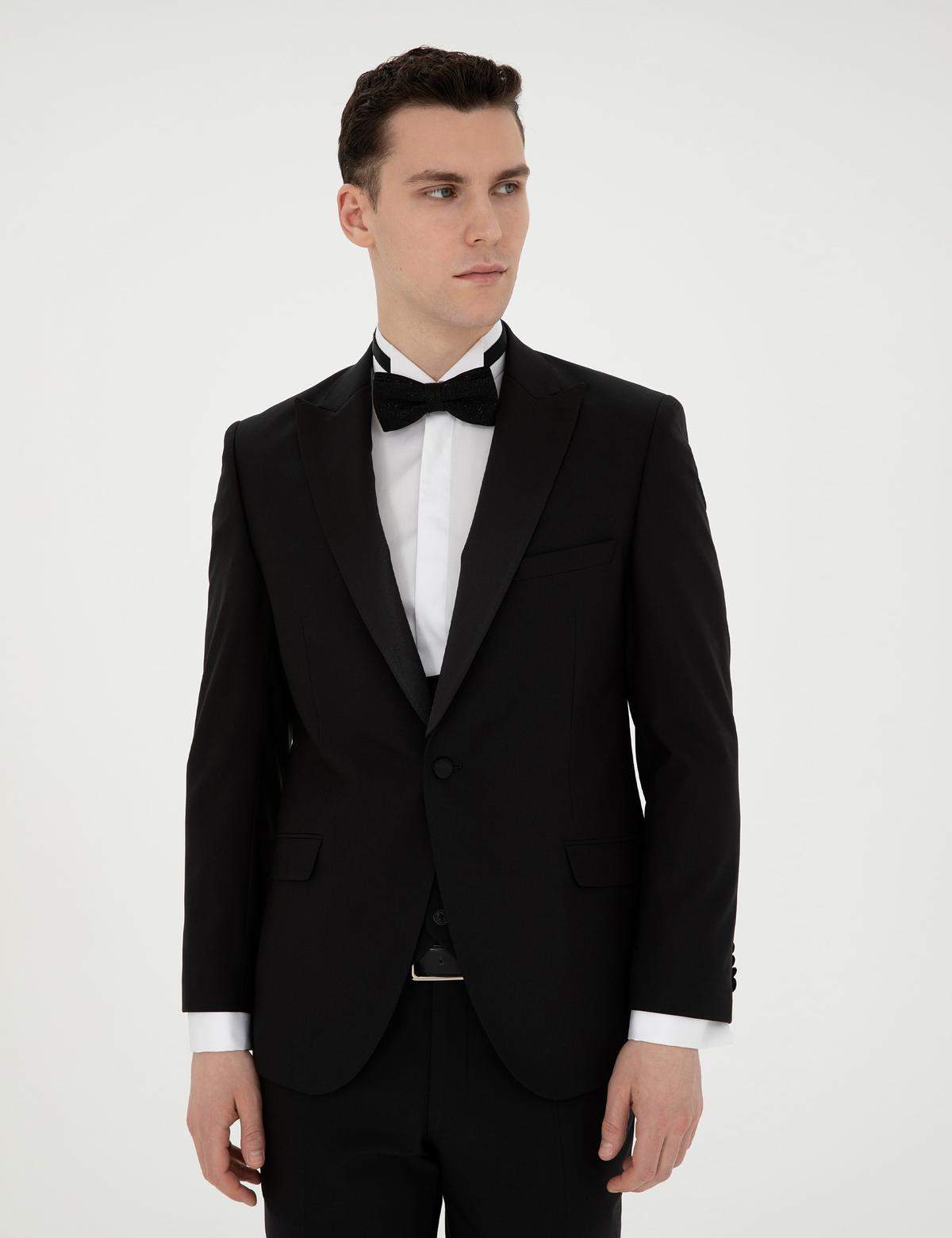 Siyah Ex. Slim Fit Yelekli Smokin - 50288079008