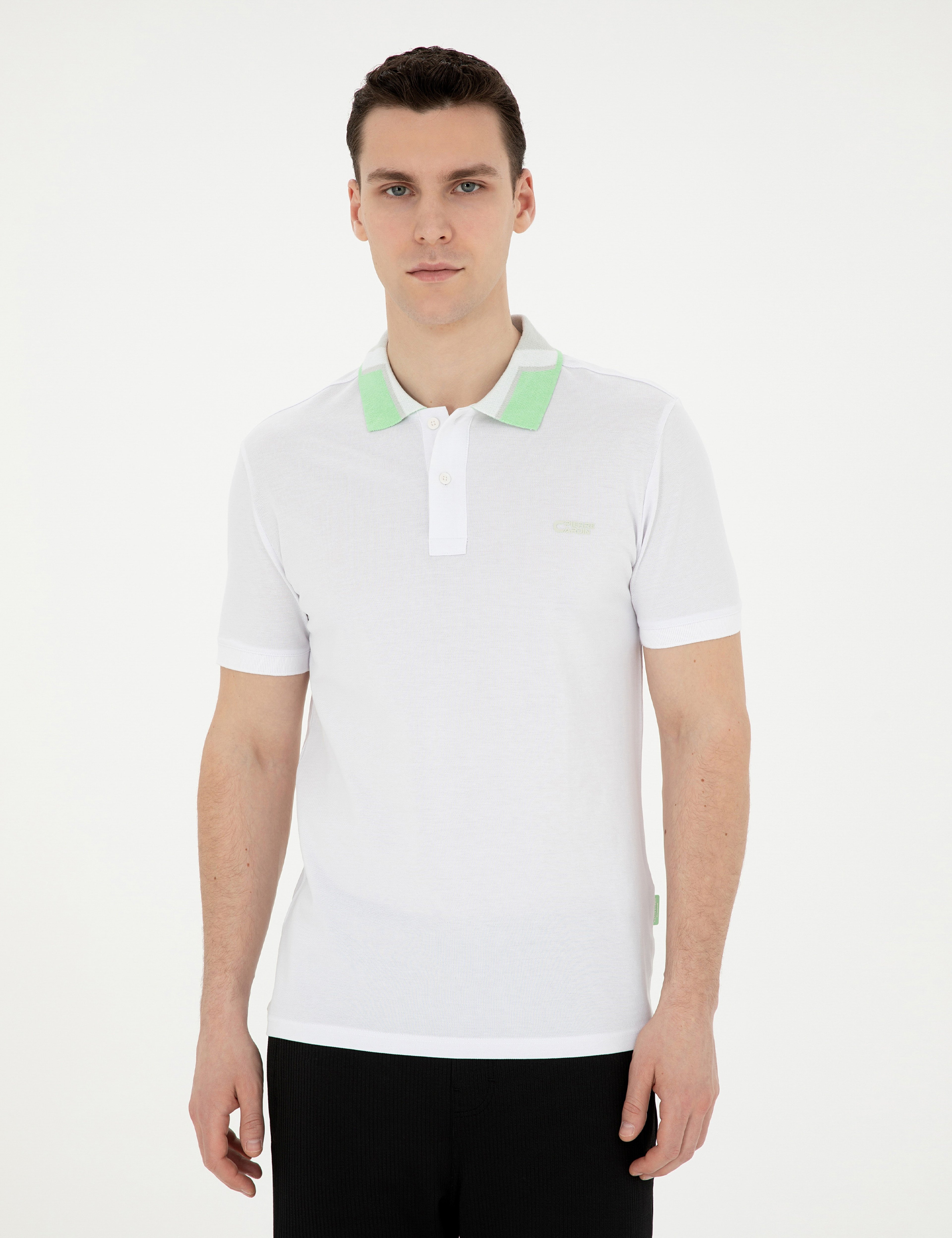 Beyaz Slim Fit %100 Pamuk Düğmeli Polo Yaka Tişört - Image 1
