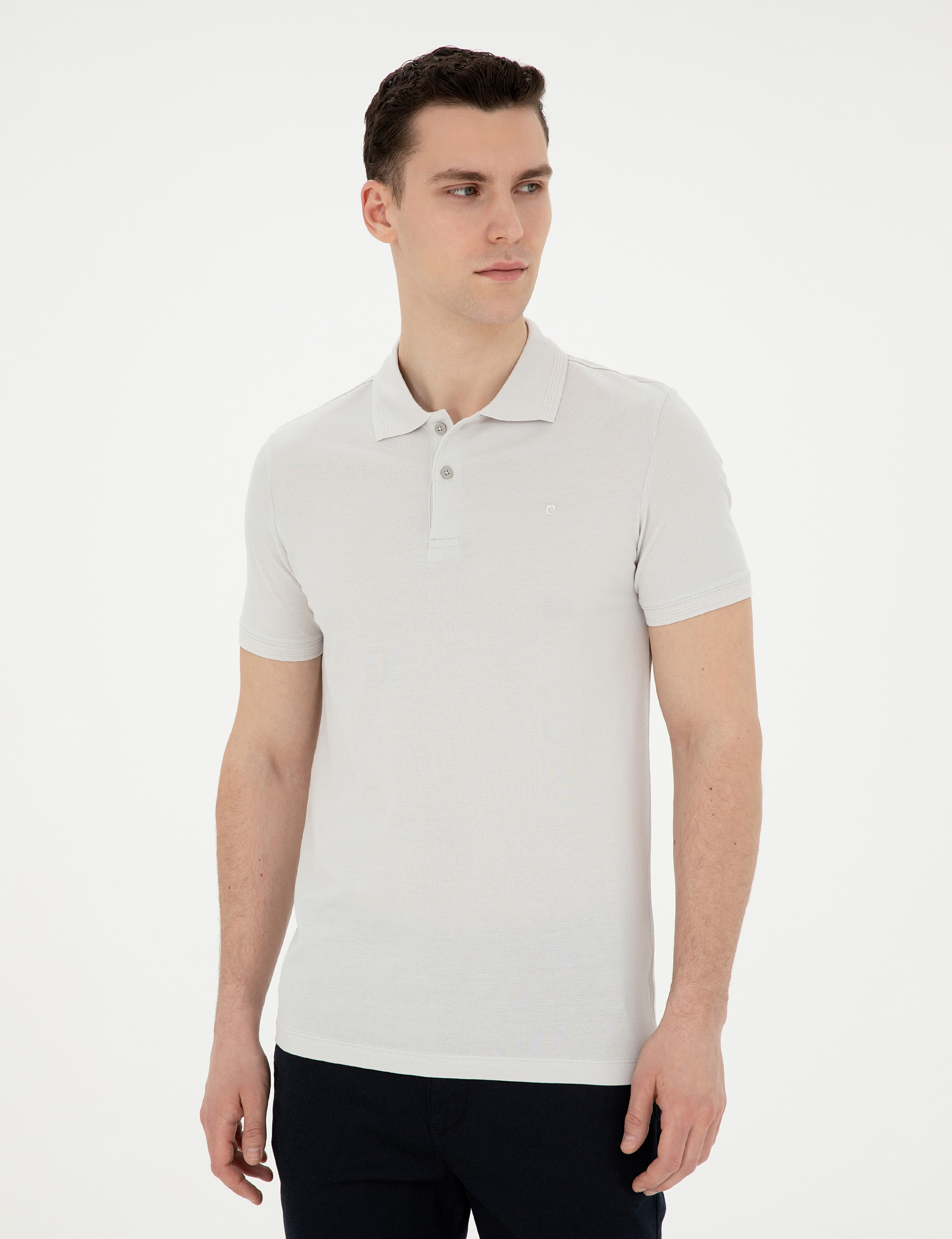 Açık Gri Slim Fit %100 Pamuk Polo Yaka Basic Tişört