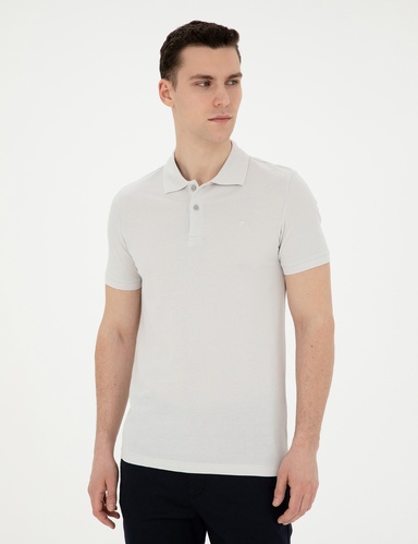 Açık Gri Slim Fit %100 Pamuk Düğmeli Polo Yaka Basic Tişört