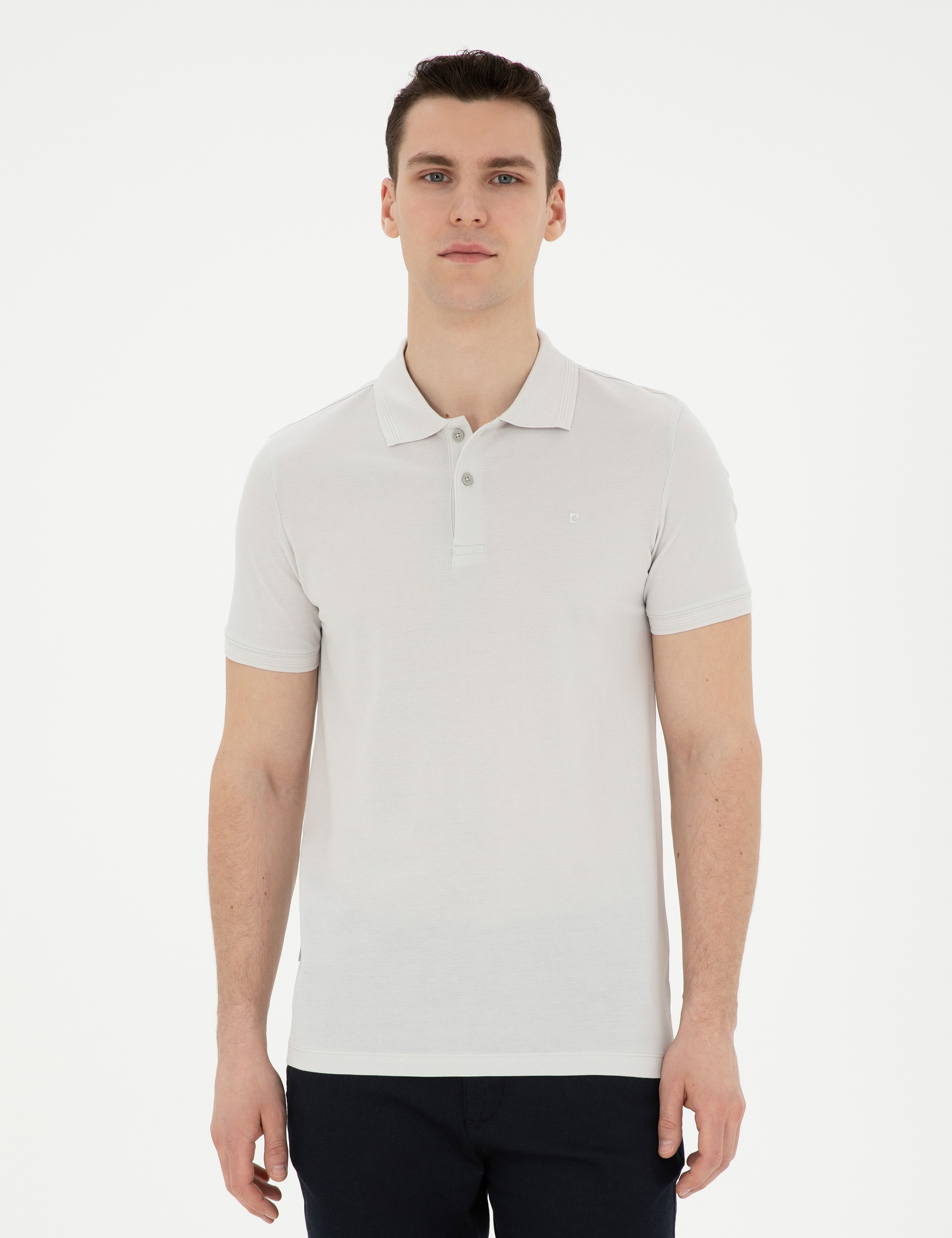 Açık Gri Slim Fit %100 Pamuk Polo Yaka Basic Tişört - Image 3
