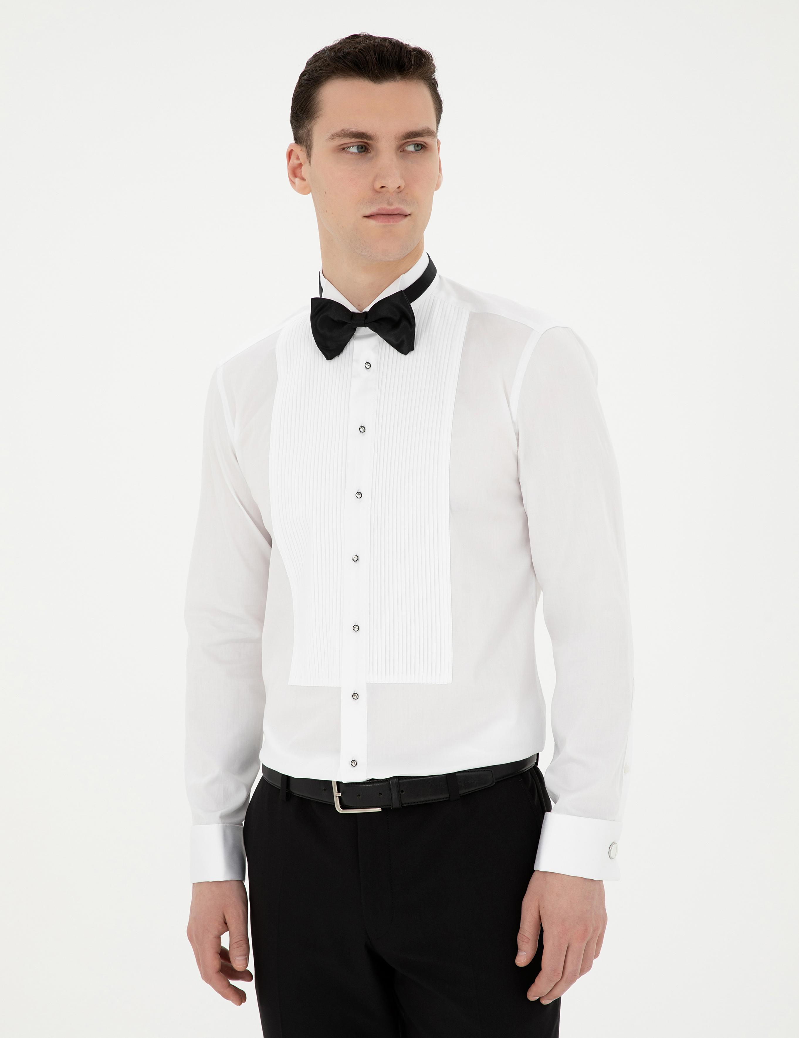 Beyaz Slim Fit Smokin Gömlek