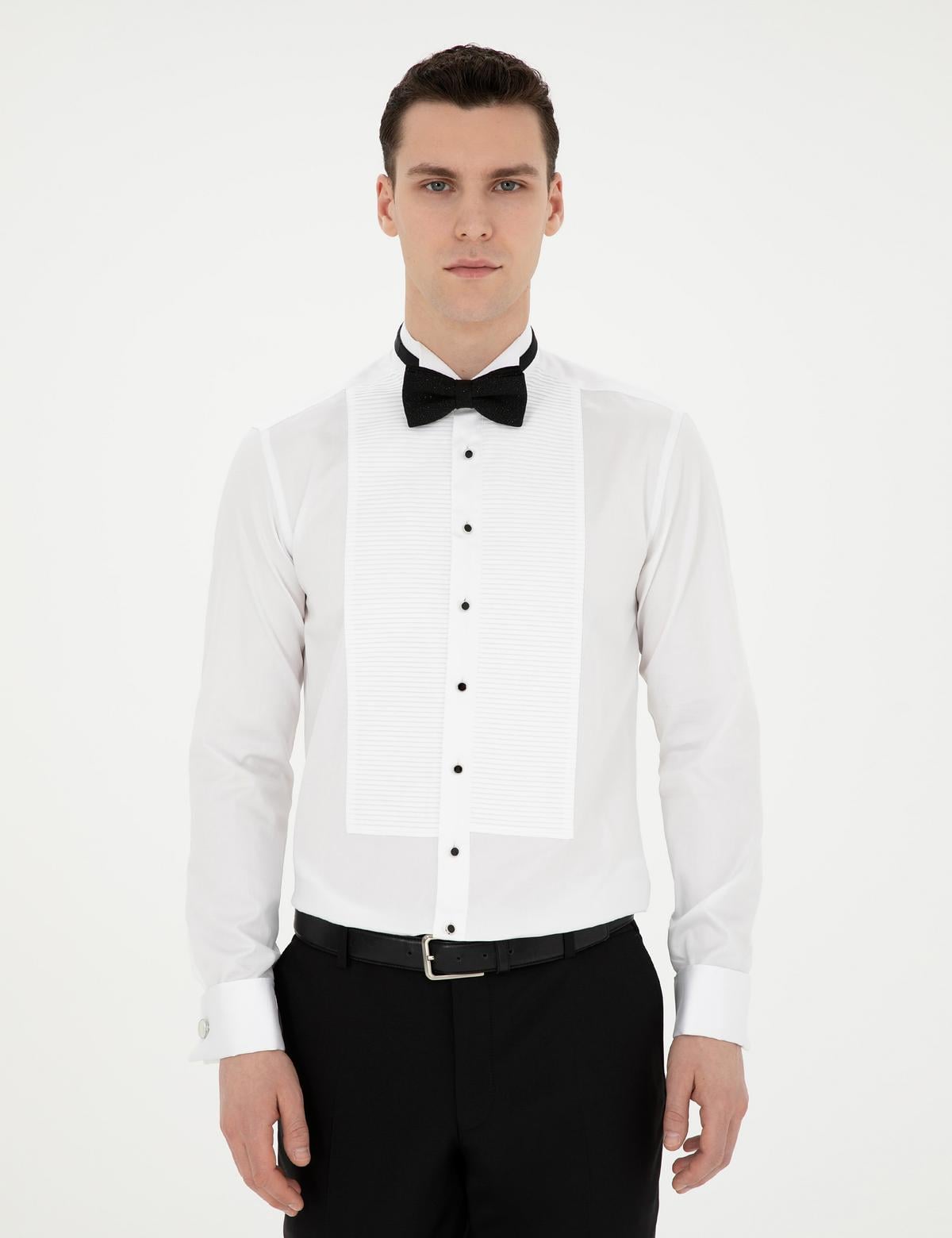 Beyaz Slim Fit Smokin Gömlek - 50286245009