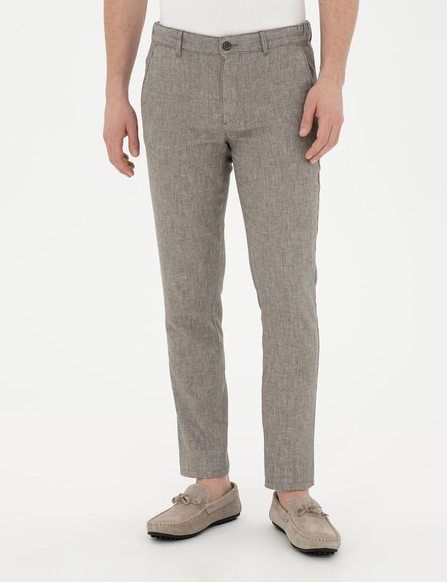 Yeşil Slim Fit Keten Karışımlı Kanvas Pantolon