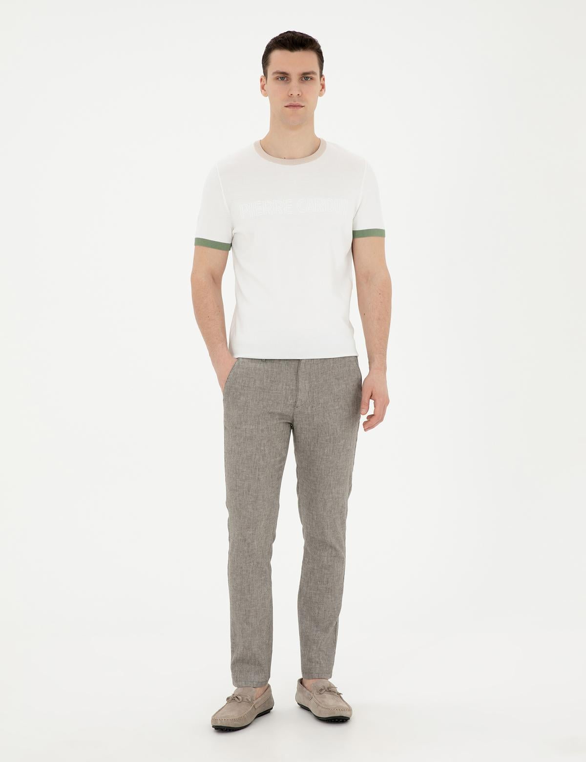 Yeşil Slim Fit Keten Karışımlı Kanvas Pantolon